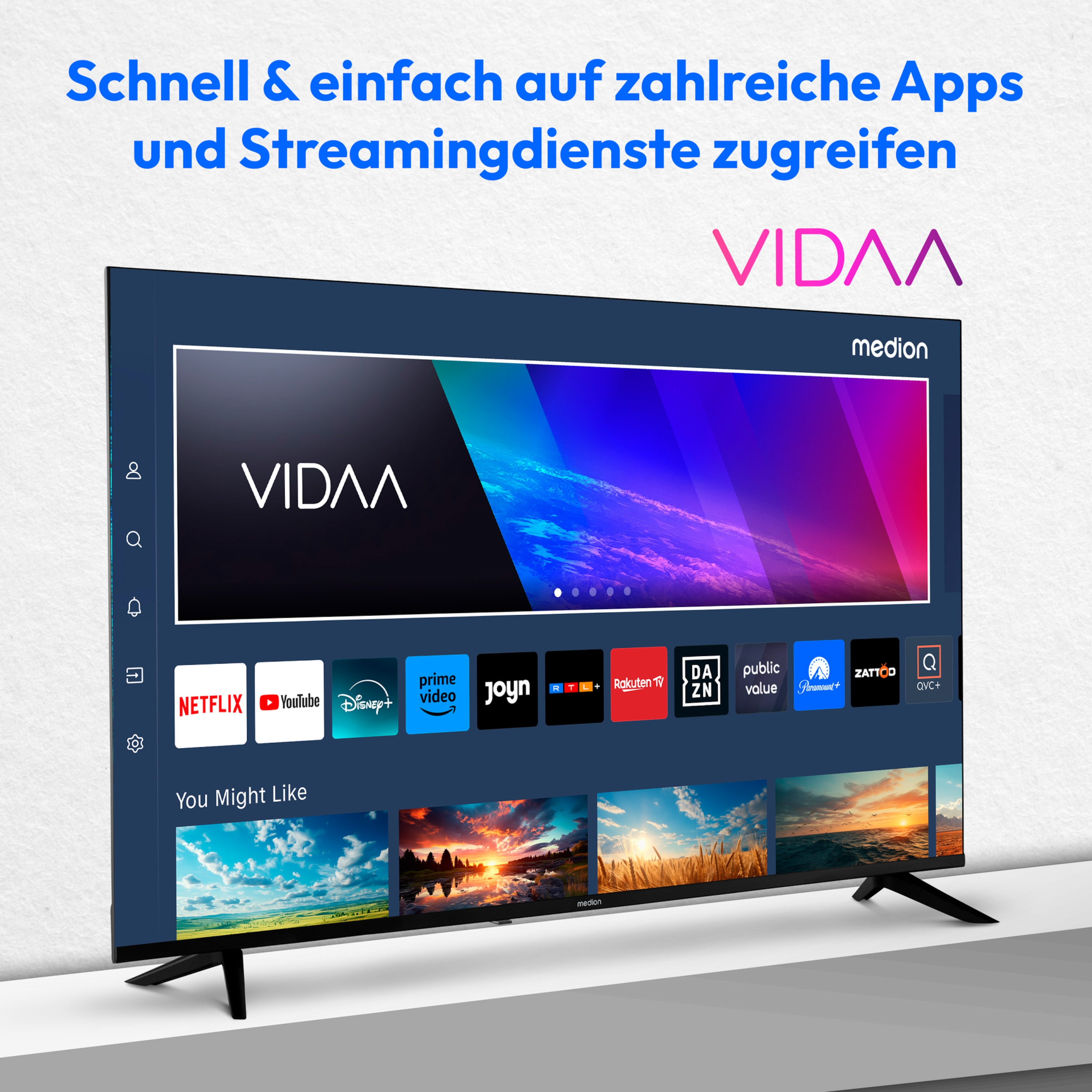 MEDION® LIFE® X8432500 (MD 843200) Ultra HD LCD Smart-TV, 108 cm (43'') Ultra HD Display, HDR, PVR ready, NETFLIX, Prime Video, Disney+, DAZN, Paramount+ App, VIDAA App Store, Bluetooth®, HD Triple Tuner, CI+ Schnittstelle