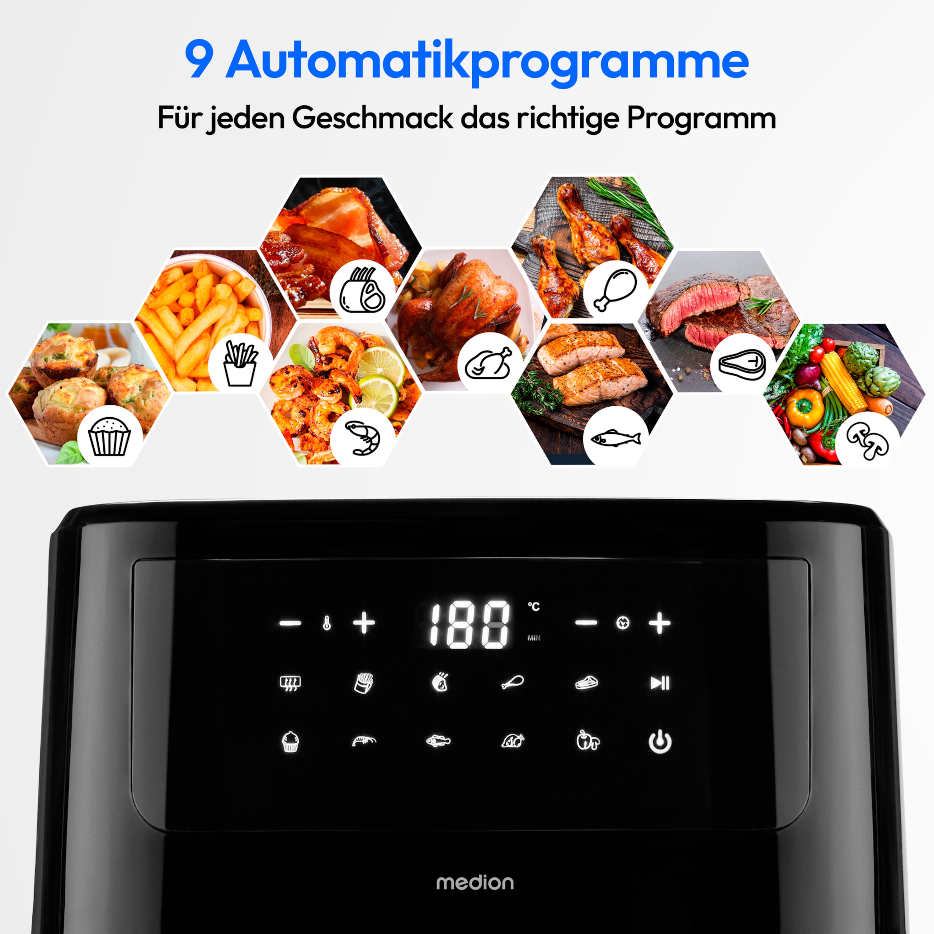 MEDION® LIFE® P10 XL Duo Heißluftfritteuse MD 11750, 100 Rezepte in der Life+ App, mit 2 Heizelementen, 2.150 W Gesamtleistung, ölfreies Frittieren, 9 Automatikprogramme, 6,8 L Nutzinhalt