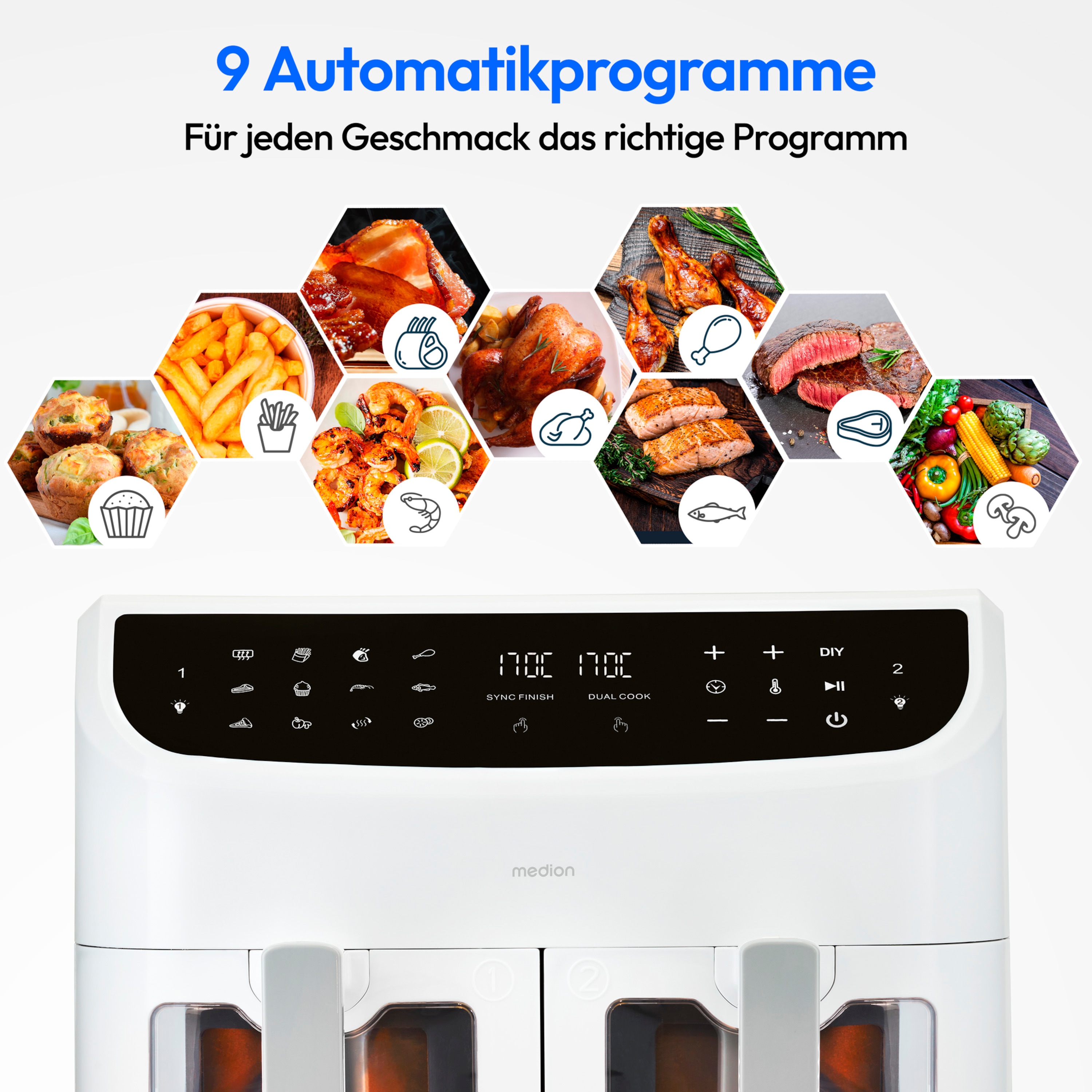 MEDION® LIFE® P20 XXL Twin Doppelzonen-Heißluftfritteuse MD 11760, 100 Rezepte in der Life+ App, 2 separate Garzonen, 9 Automatikprogramme, 8,7 L Gesamt-Nutzinhalt, 2.600 Watt, Temperatur einstellbar bis 200 °C