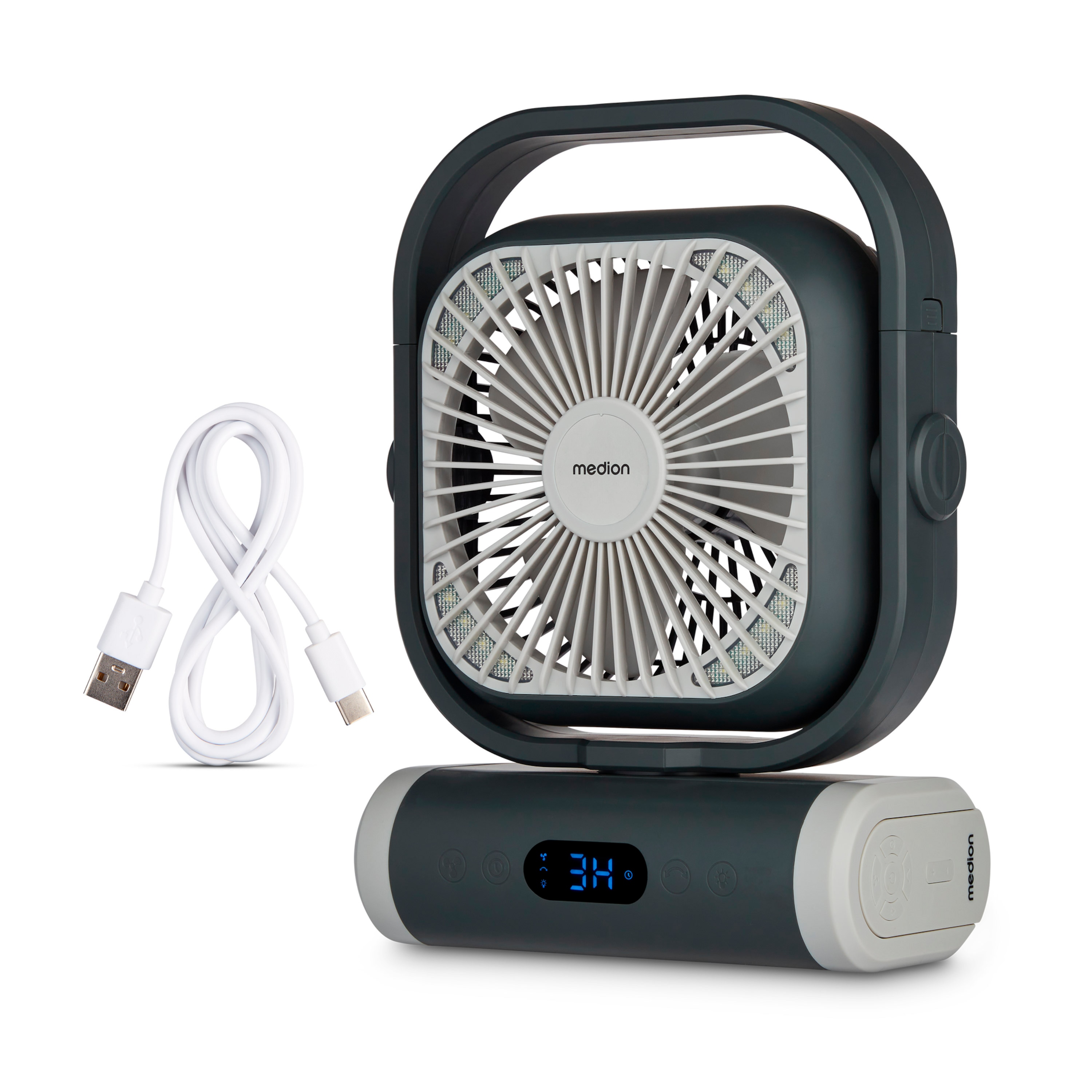 MEDION® LIFE Camping Ventilator E10 TF, 20 W Leistung, 5 Geschwindigkeitsstufen, 110° Oszillation, 10.000 mAh Akku, als Powerbank nutzbar, LED