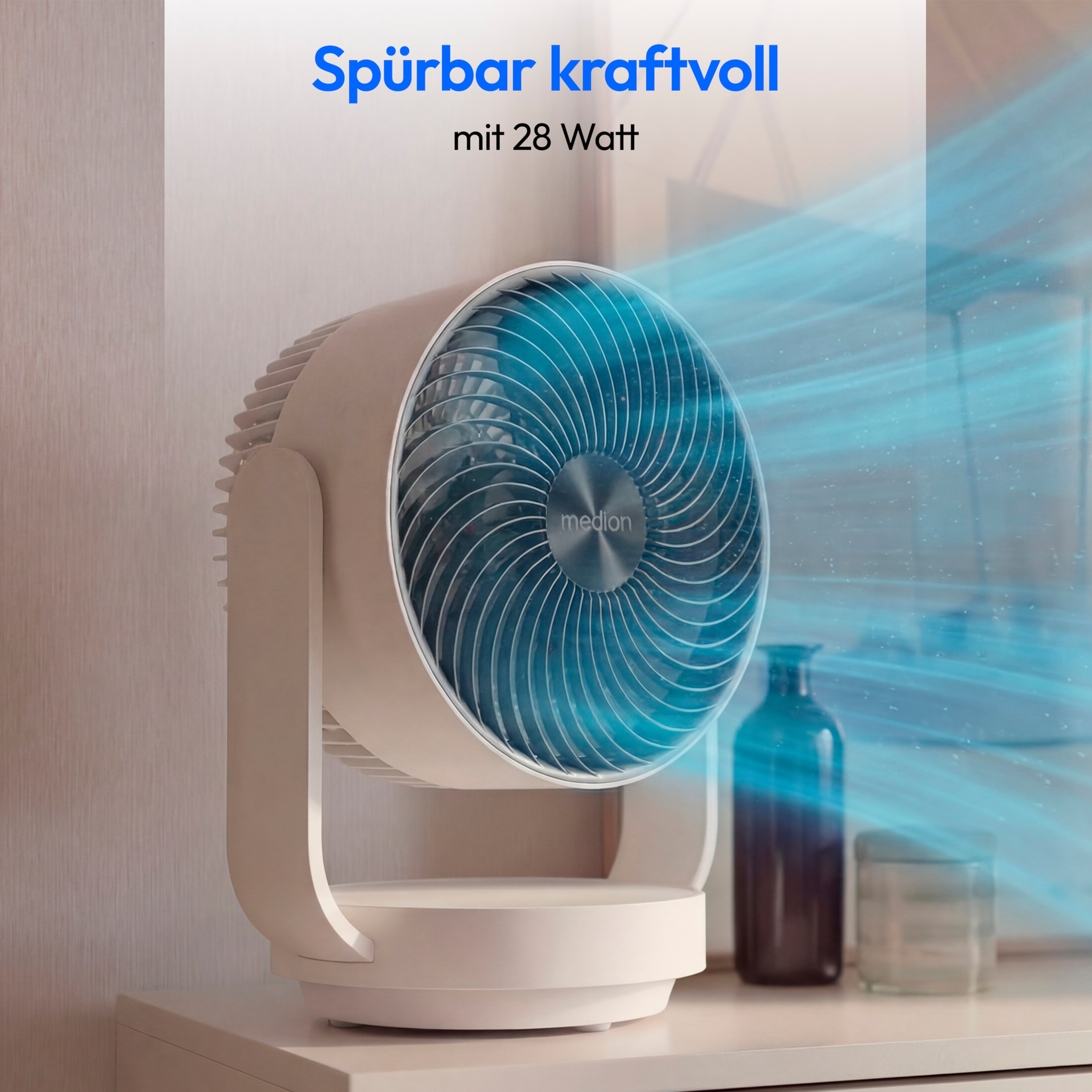 MEDION® LIFE P20 DF Tischventilator (MD 100141), 7 Geschwindigkeitsstufen, 28 Watt Leistung, zuschaltbare Schwenkfunktion, inkl. magnetischer Fernbedienung