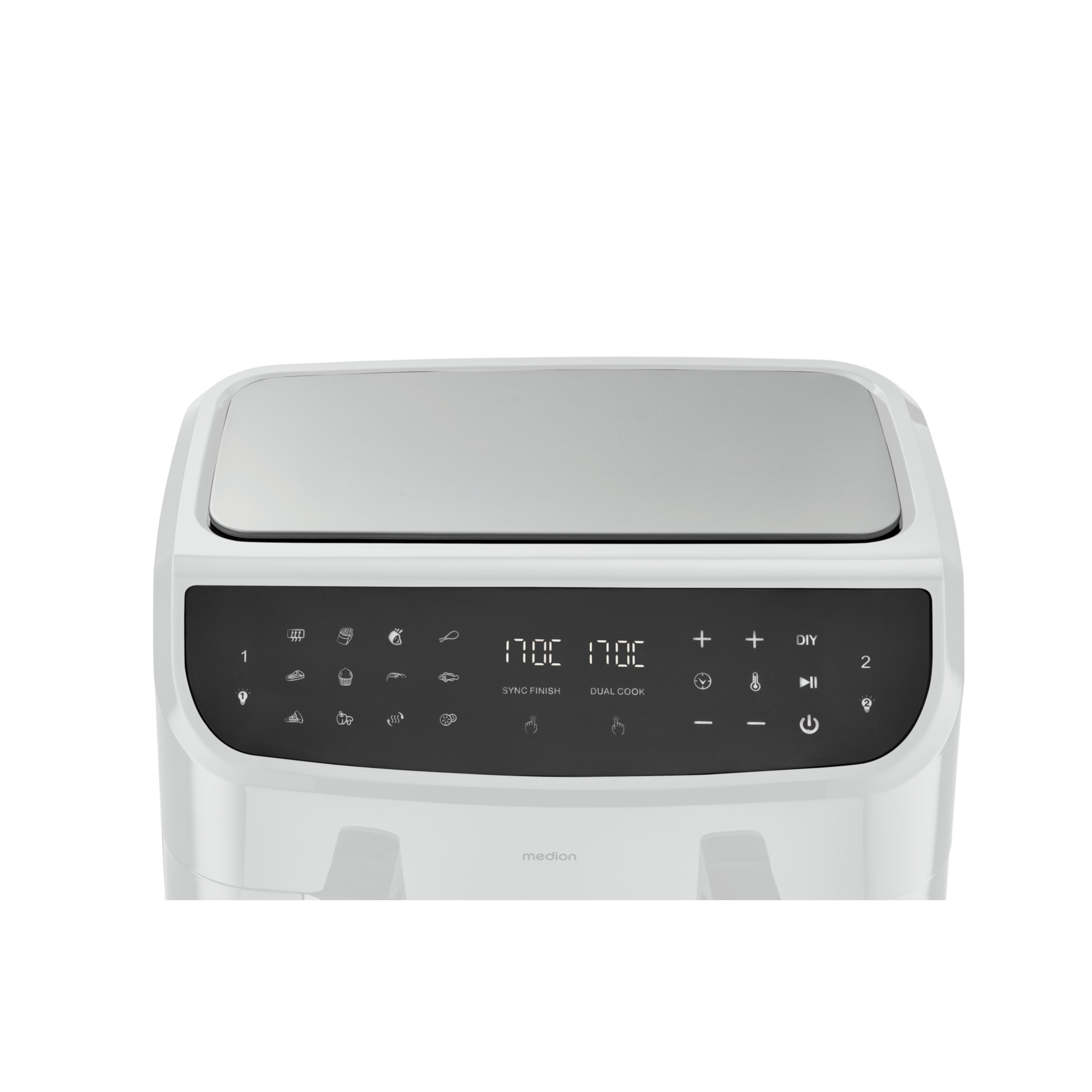 MEDION® LIFE® P20 XXL Twin Doppelzonen-Heißluftfritteuse MD 11760, 100 Rezepte in der Life+ App, 2 separate Garzonen, 9 Automatikprogramme, 8,7 L Gesamt-Nutzinhalt, 2.600 Watt, Temperatur einstellbar bis 200 °C