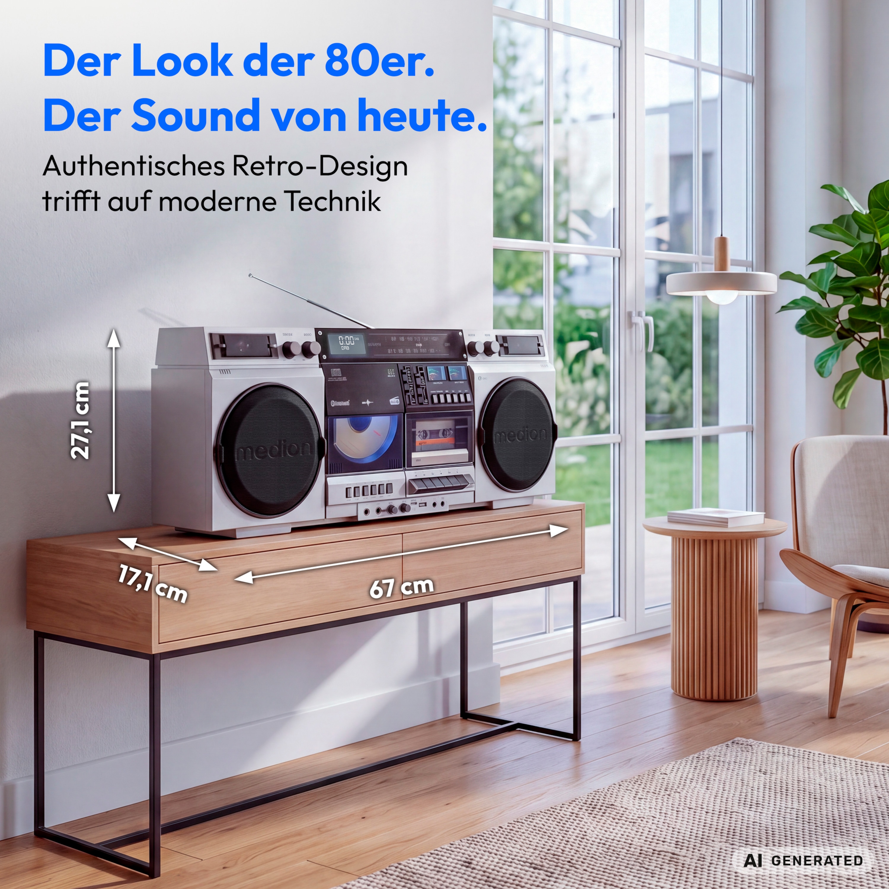 MEDION® LIFE P66538 Retro-Boombox silber, DAB+/PLL-UKW Radio, Bluetooth® 5.3 für das Abspielen von Smartphone & Co, CD-Player, Kassettendeck, X-Bass Funktion, 2 x 10 W RMS