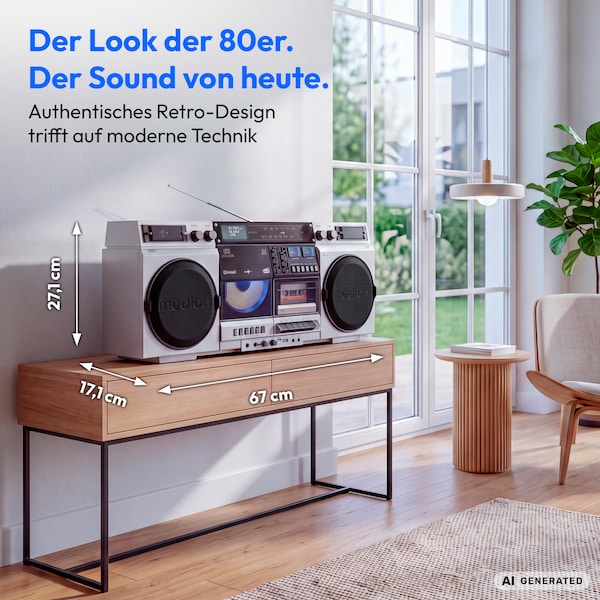 MEDION® LIFE P66538 Retro-Boombox silber, DAB+/PLL-UKW Radio, Bluetooth® 5.3 für das Abspielen von Smartphone & Co, CD-Player, Kassettendeck, X-Bass Funktion, 2 x 10 W RMS