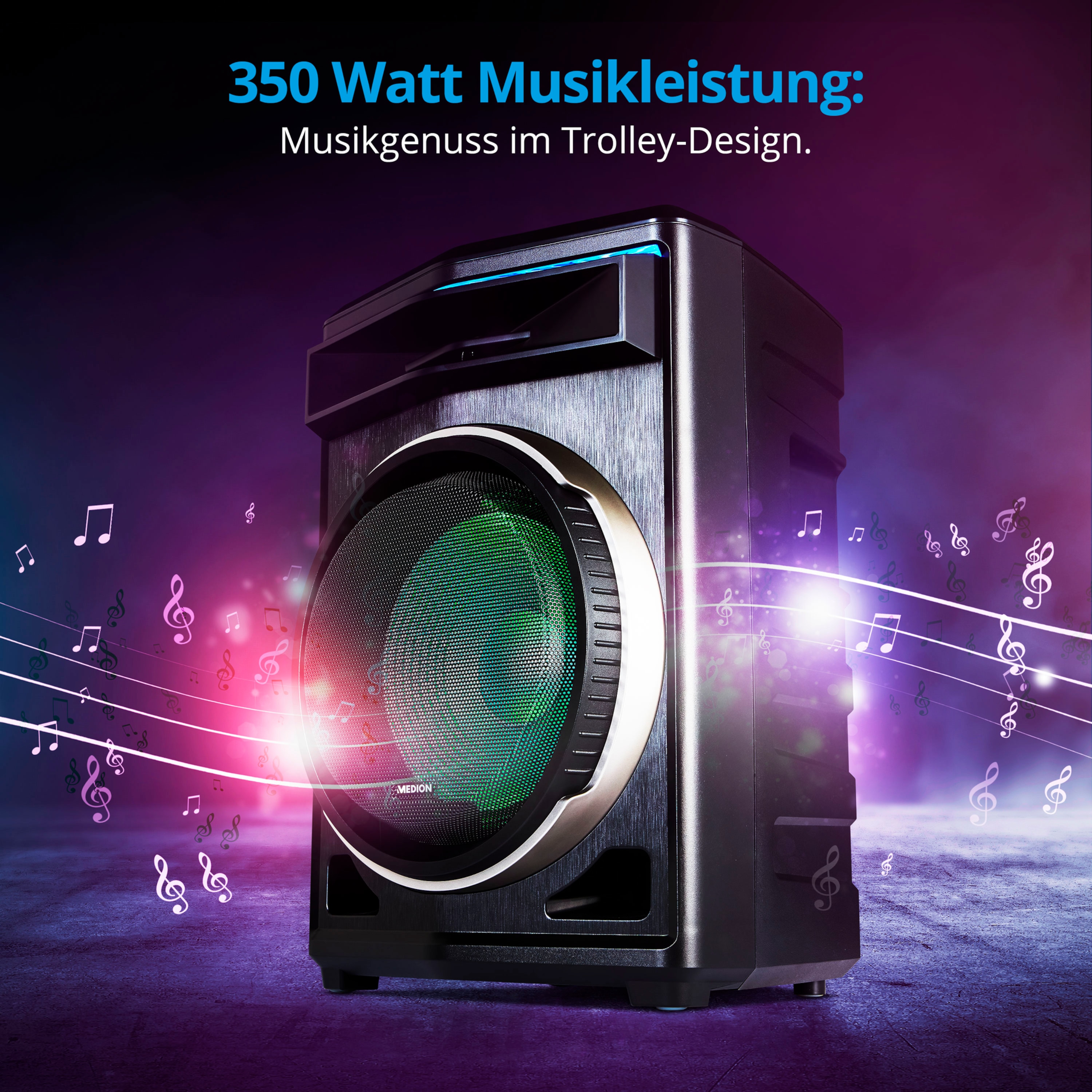 MEDION® LIFE® P61200 Partylautsprecher, tragbares Bluetooth® Soundsystem, verschiedene Lichteffekte, satter Sound, Teleskopgriff und Rollen, 350 W max. Musikausgangsleistung