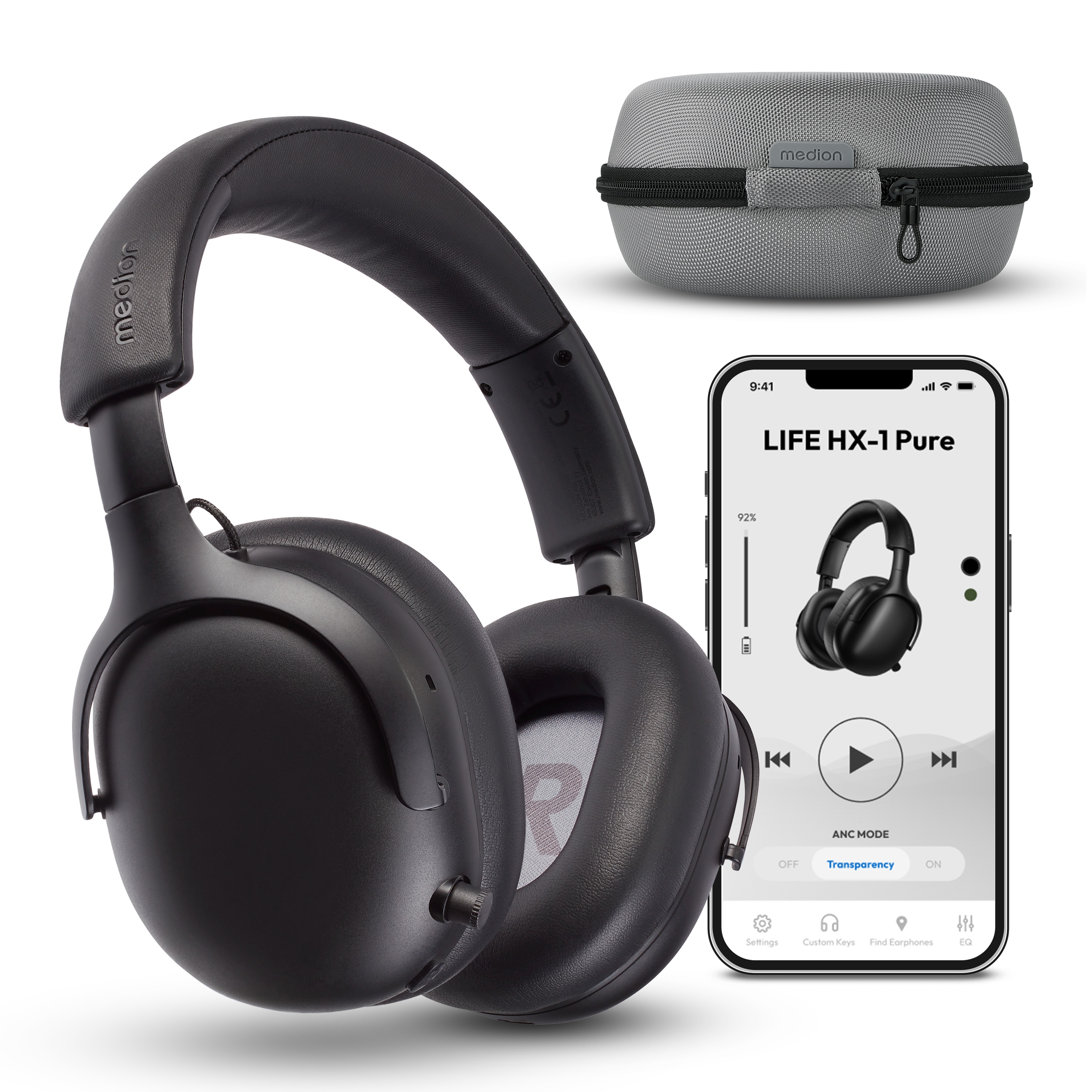 MEDION® Over Ear-Kopfhörer LIFE HX-1 Pure schwarz , bis zu 100 Stunden Akkulaufzeit, 3 EQ-Presets + 1 App-Preset, Bluetooth® 5.4 wireless technology, IPX4 Spritzwasserschutz