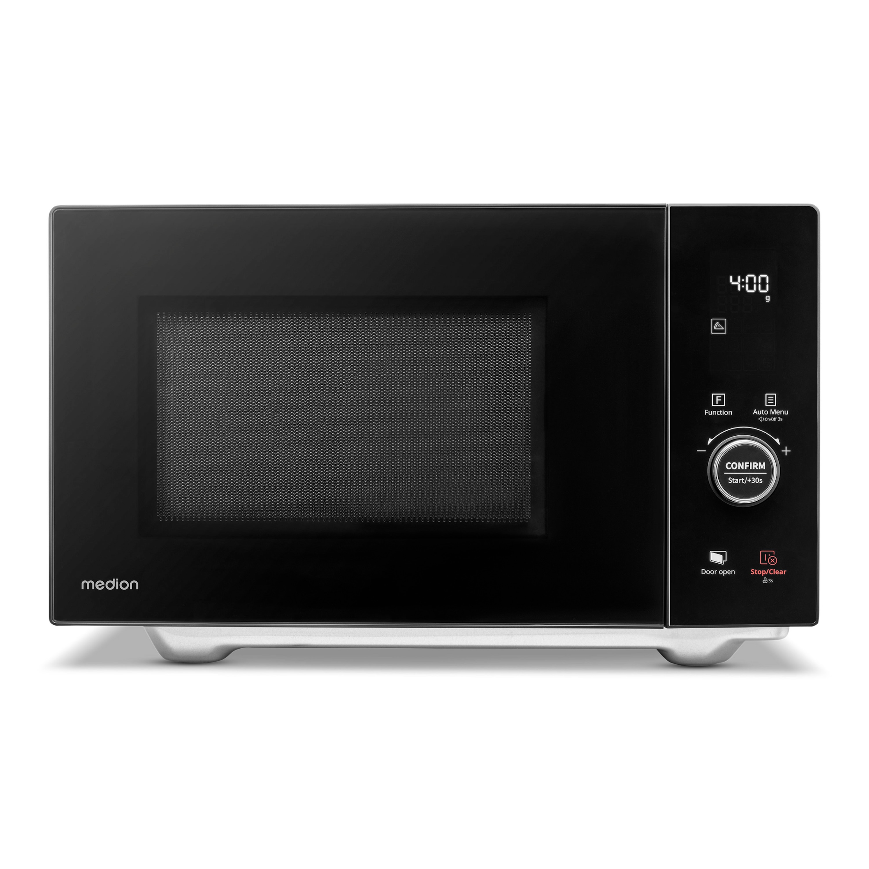 MEDION® LIFE® 4 in 1 Mikrowelle MD12041, 900 Watt Mikrowellenleistung, 1100 W Obergrillleistung, 500 W Untergrilleistung, 2100 W Heißluftfunktion, 2 Heizelemente, Sensor-Touch-Türöffnung, 11 Automatikprogramme, 25 L Kapazität, 10 Leistungsstufen