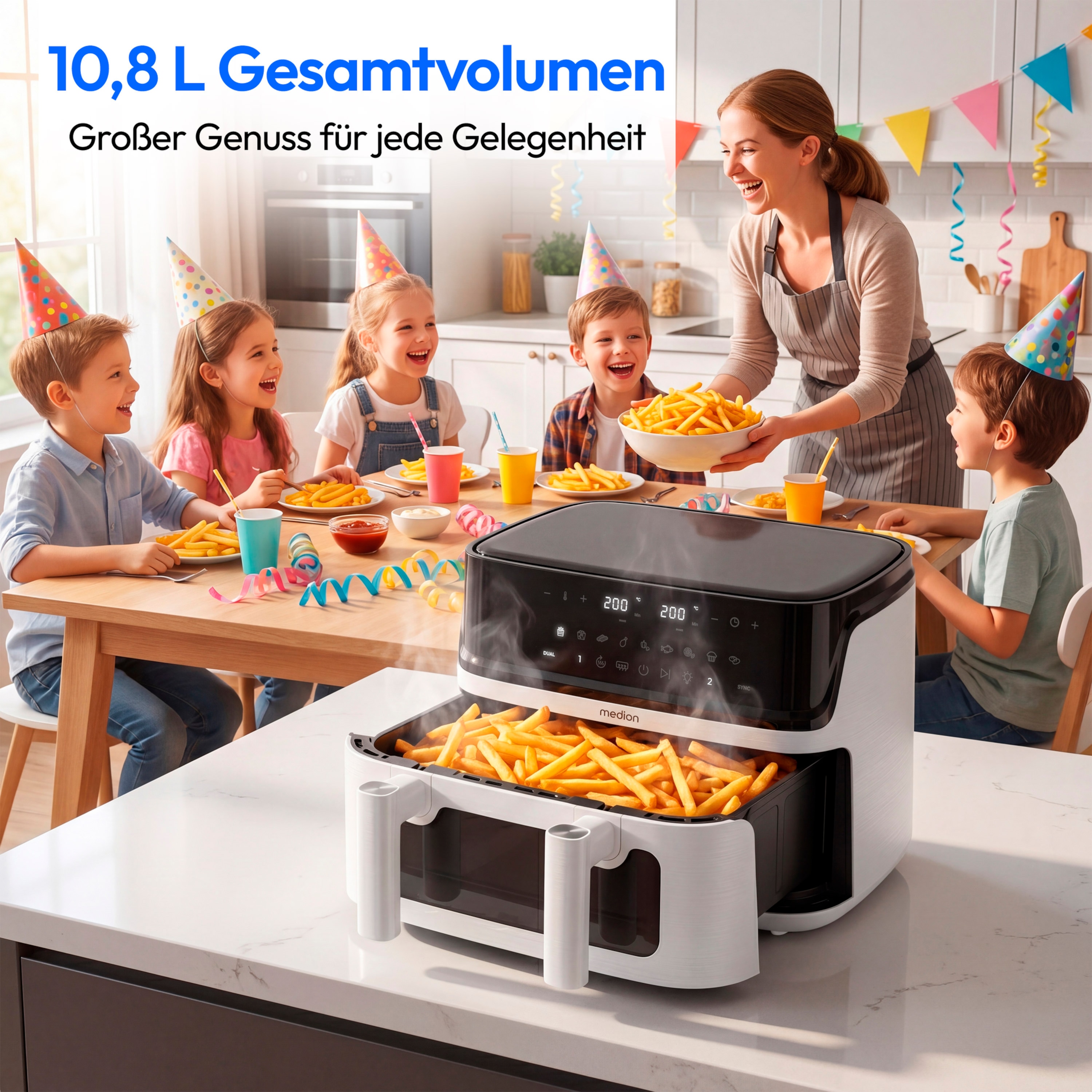 MEDION® LIFE® P25 XXL Flex M Heißluftfritteuse MD100057 weiß, 100 Rezepte in der Life+ App, 2 separate Garzonen, 10 Automatikprogramme, 10,8 L Gesamt-Nutzinhalt, 3.040 Watt, Temperatur einstellbar bis 200 °C