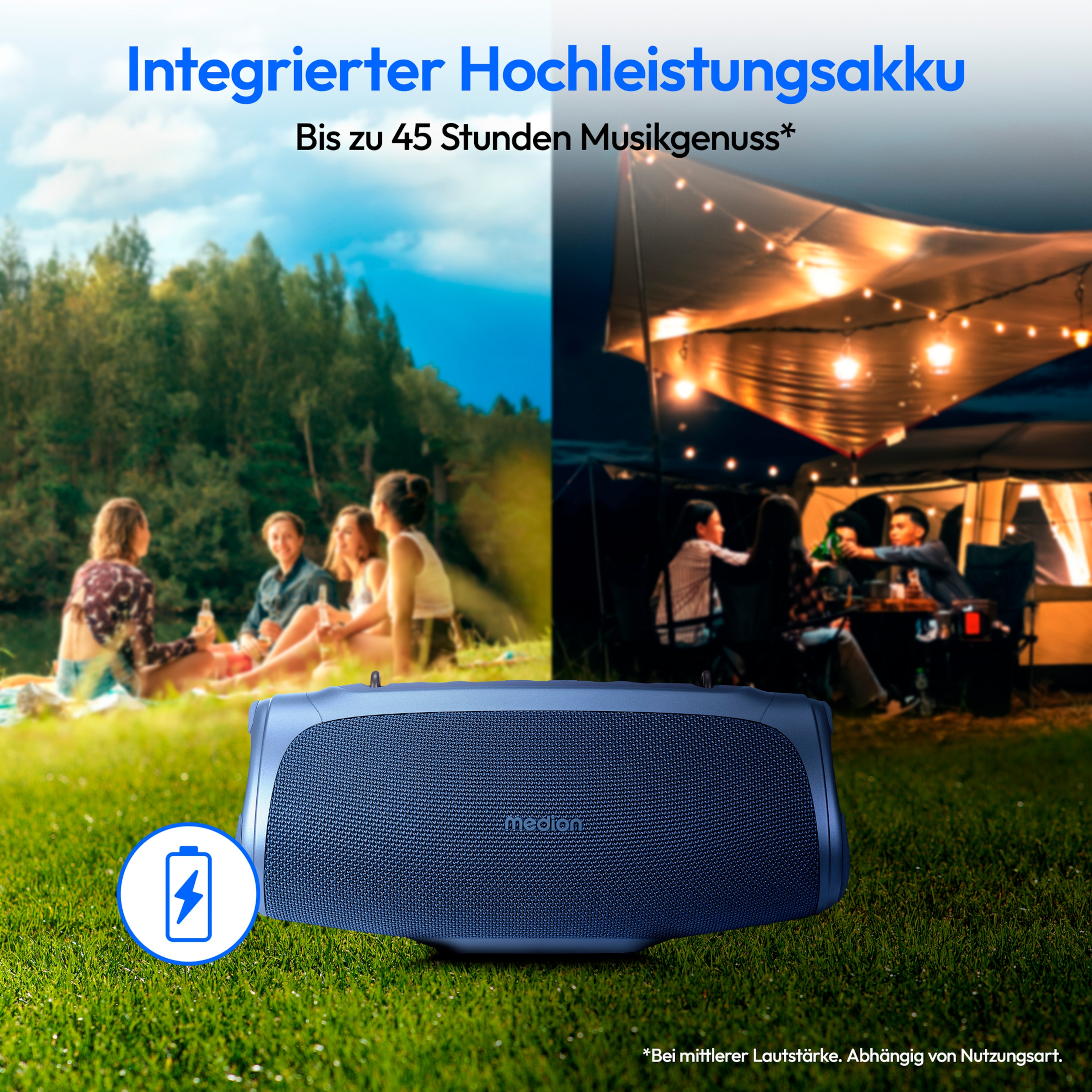 MEDION® LIFE® P61746 Tragbarer Bluetooth® Lautsprecher M, Dual Illuminated (RGB-Lichteffekte), Bluetooth® 5.3, integrierter Akku mit bis zu 42 Stunden Laufzeit, robustes & mobiles Design, 2 x 15 W RMS