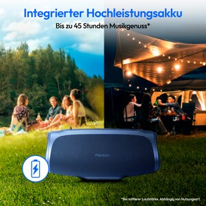 MEDION® LIFE P61746 Tragbarer Bluetooth® Lautsprecher M blau, Dual Illuminated (RGB-Lichteffekte), Bluetooth® 5.3, integrierter Akku mit bis zu 45 Stunden Laufzeit, robustes & mobiles Design, 2 x 15 W RMS