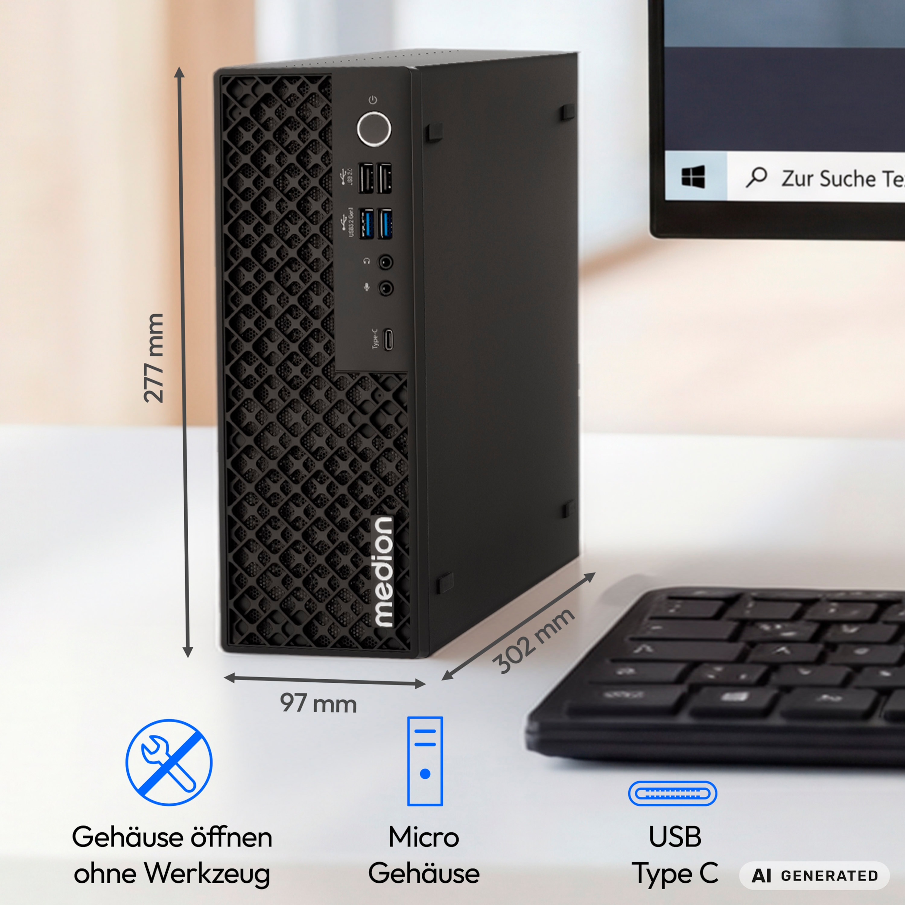 MEDION® Picoworx T80 III Mini PC; Copilot+ PC, Intel® Core™ Ultra 7 256V, Windows 11 Home, 512 GB SSD, 16 GB RAM