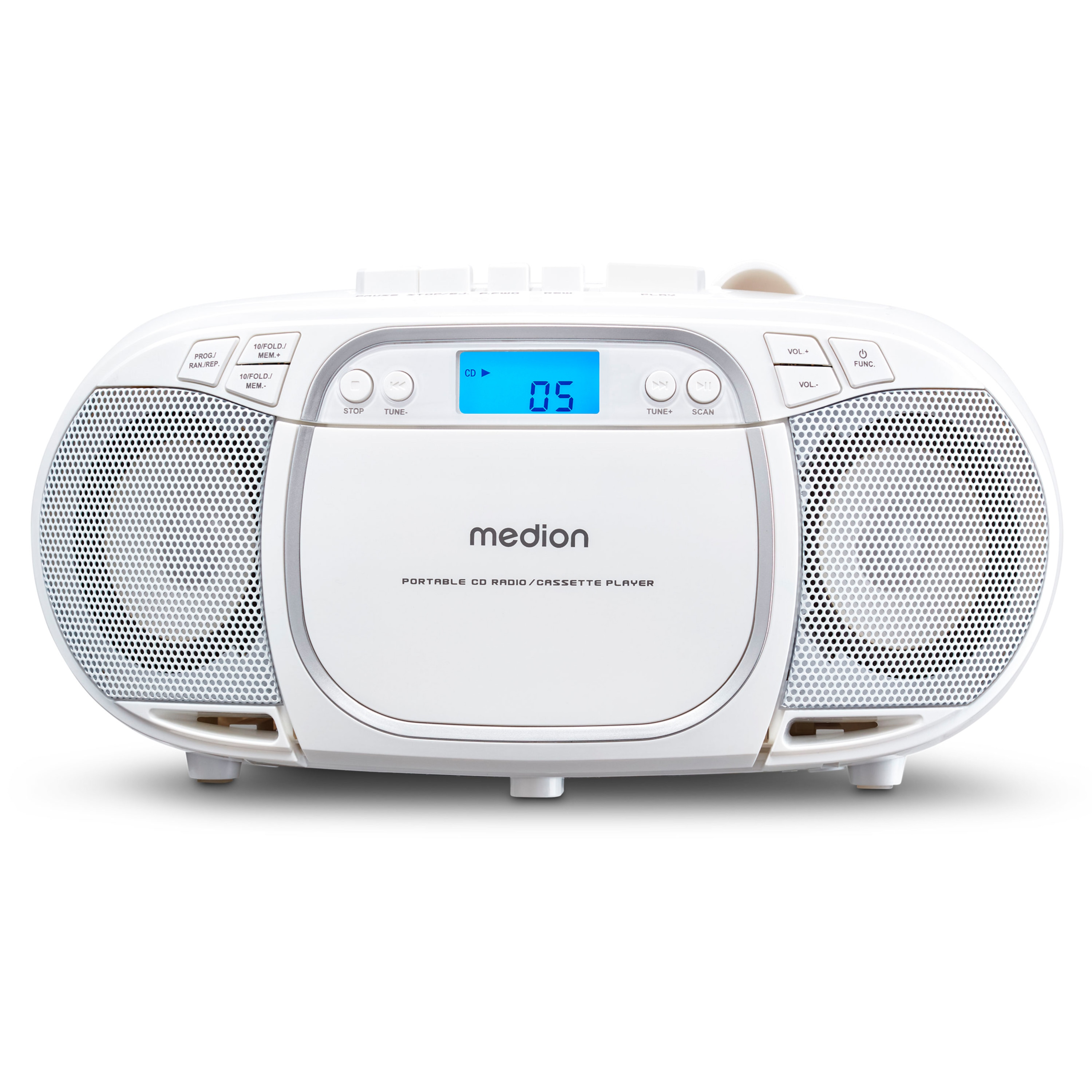 MEDION® LIFE® E66476 CD-/MP3-/Kassettenspieler, LCD-Display mit Hintergrundbeleuchtung, PLL-UKW Stereo, Musikwiedergabe vom USB-Stick, 2 x 2 W RMS