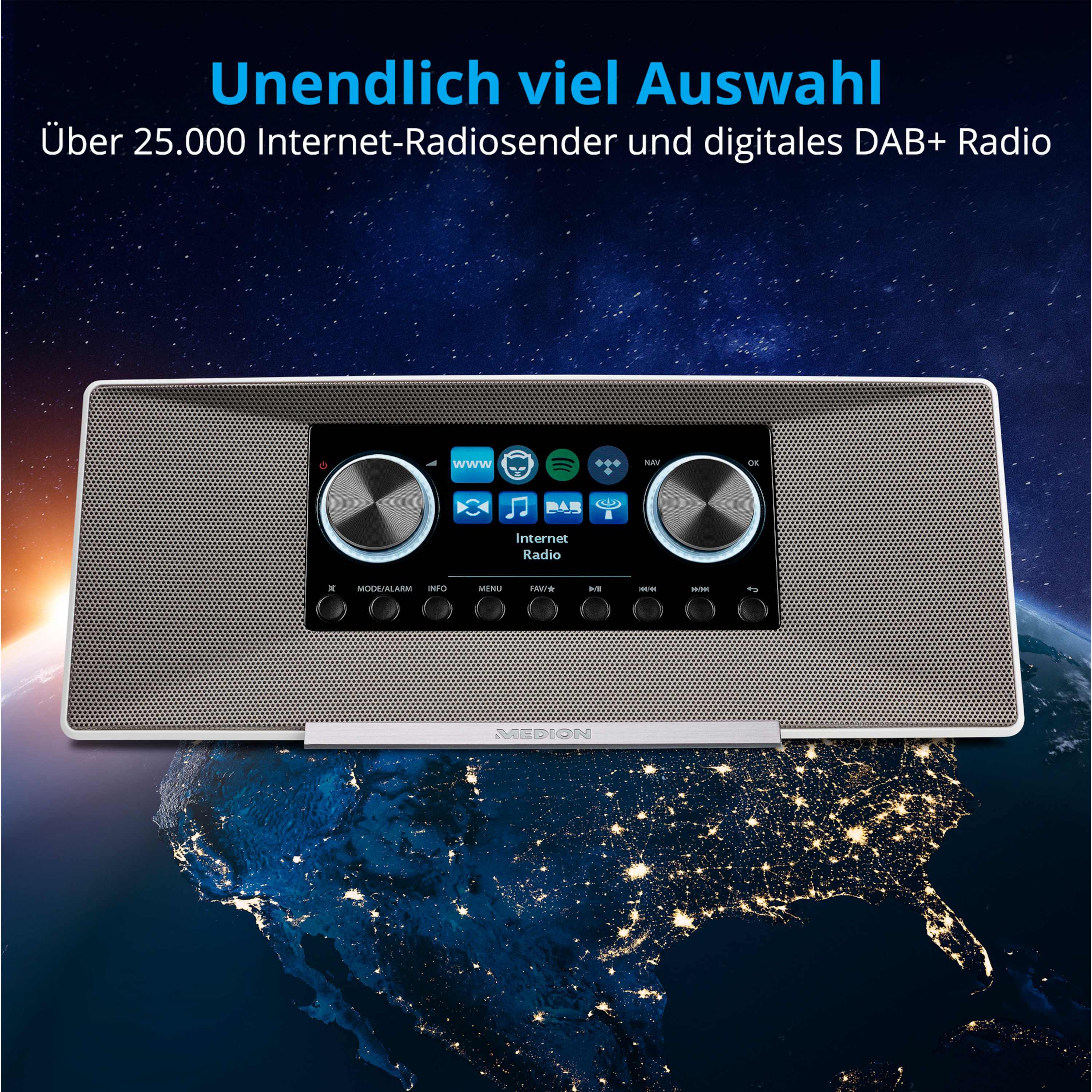 MEDION® P85289 Stereo Internetradio, 7,1 cm (2,8'') TFT-Display, DAB+/UKW-Empfänger, WLAN, DLNA, Spotify®-Connect, 2 x 6 W RMS