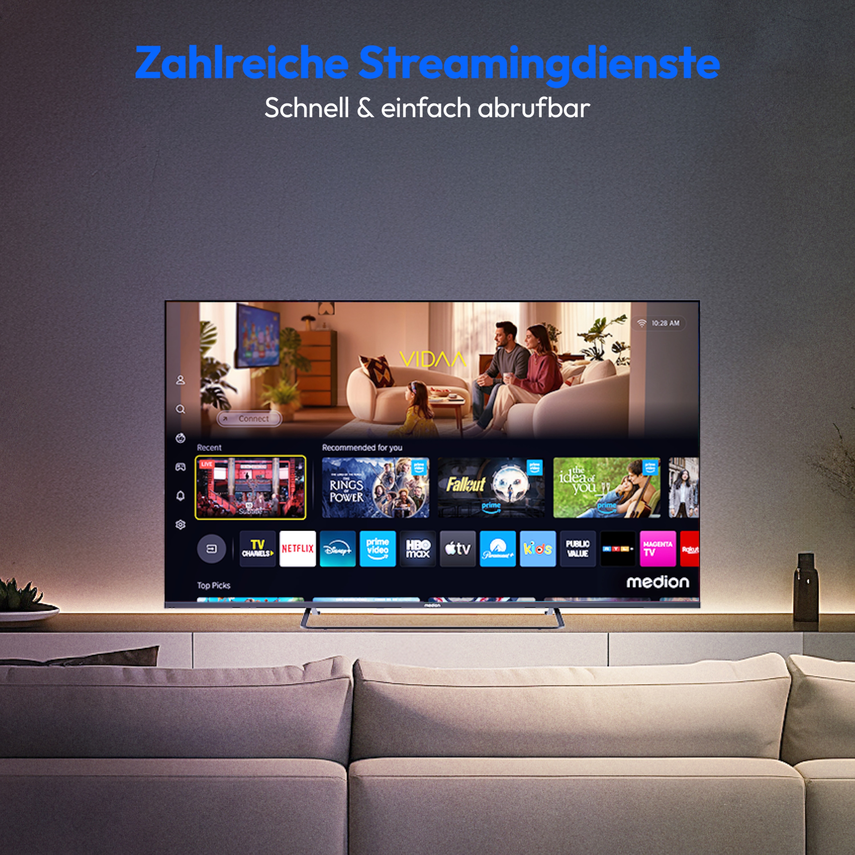 MEDION® LIFE MD 855602 QLED Smart-TV (2026), 138,8 cm (55'') Ultra HD Display, HDR, Dolby Vision®, MEMC, Bluetooth®, PVR ready, HBO Max, MagentaTV, NETFLIX, Prime Video, Disney+, DAZN, Paramount+ App, VIDAA App Store, Dolby Atmos®