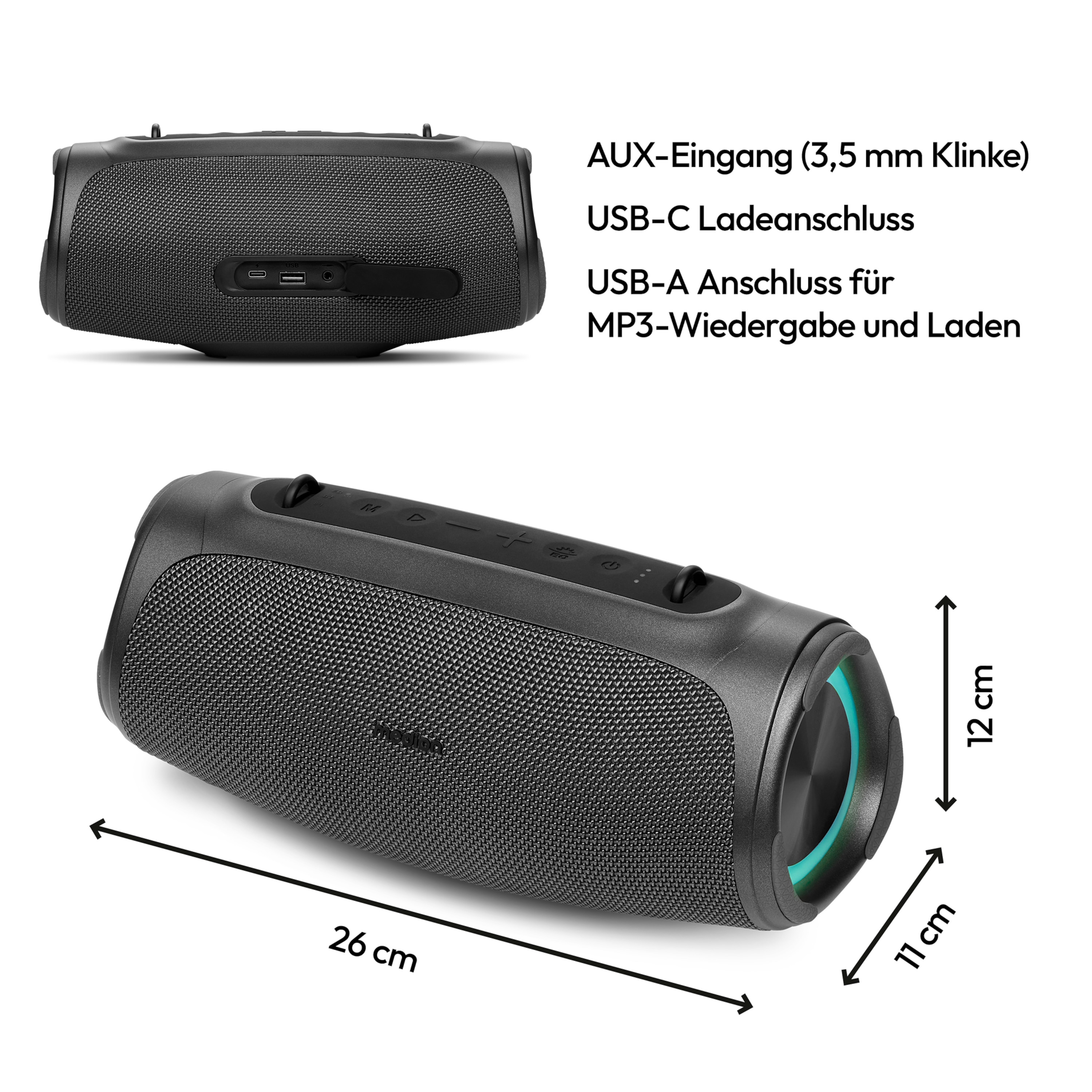 MEDION® LIFE® P61746 Tragbarer Bluetooth® Lautsprecher M, Dual Illuminated (RGB-Lichteffekte), Bluetooth® 5.3, integrierter Akku mit bis zu 42 Stunden Laufzeit, robustes & mobiles Design, 2 x 15 W RMS