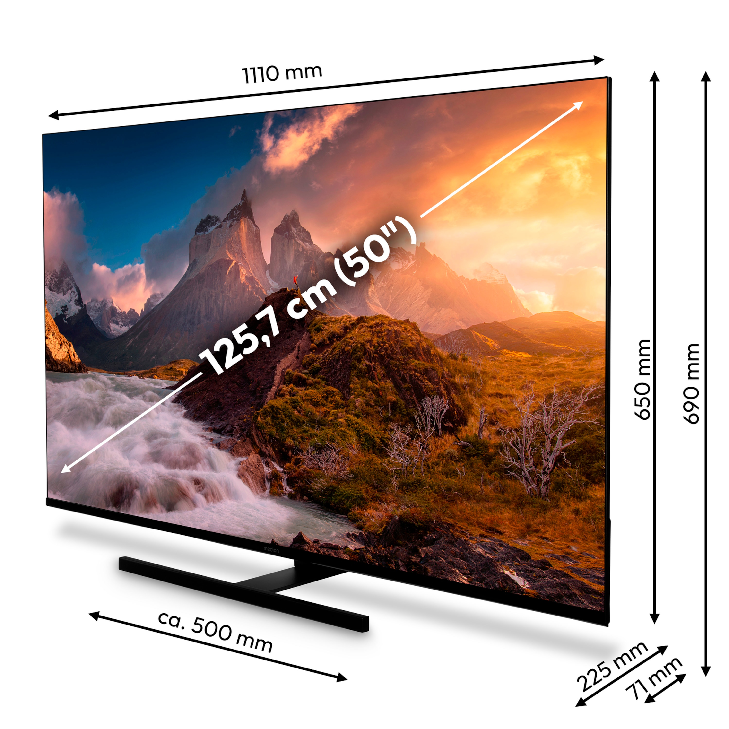 MEDION® LIFE X8502504 (MD 850600) QLED Smart-TV, 125,7 cm (50'') Ultra HD Display, HDR, Dolby Vision®, MEMC, PVR ready, VIDAA App Store, NETFLIX, Disney+, Paramount+ & Amazon Prime Video App, Bluetooth®, DTS X, Dolby Atmos®, HD Triple Tuner