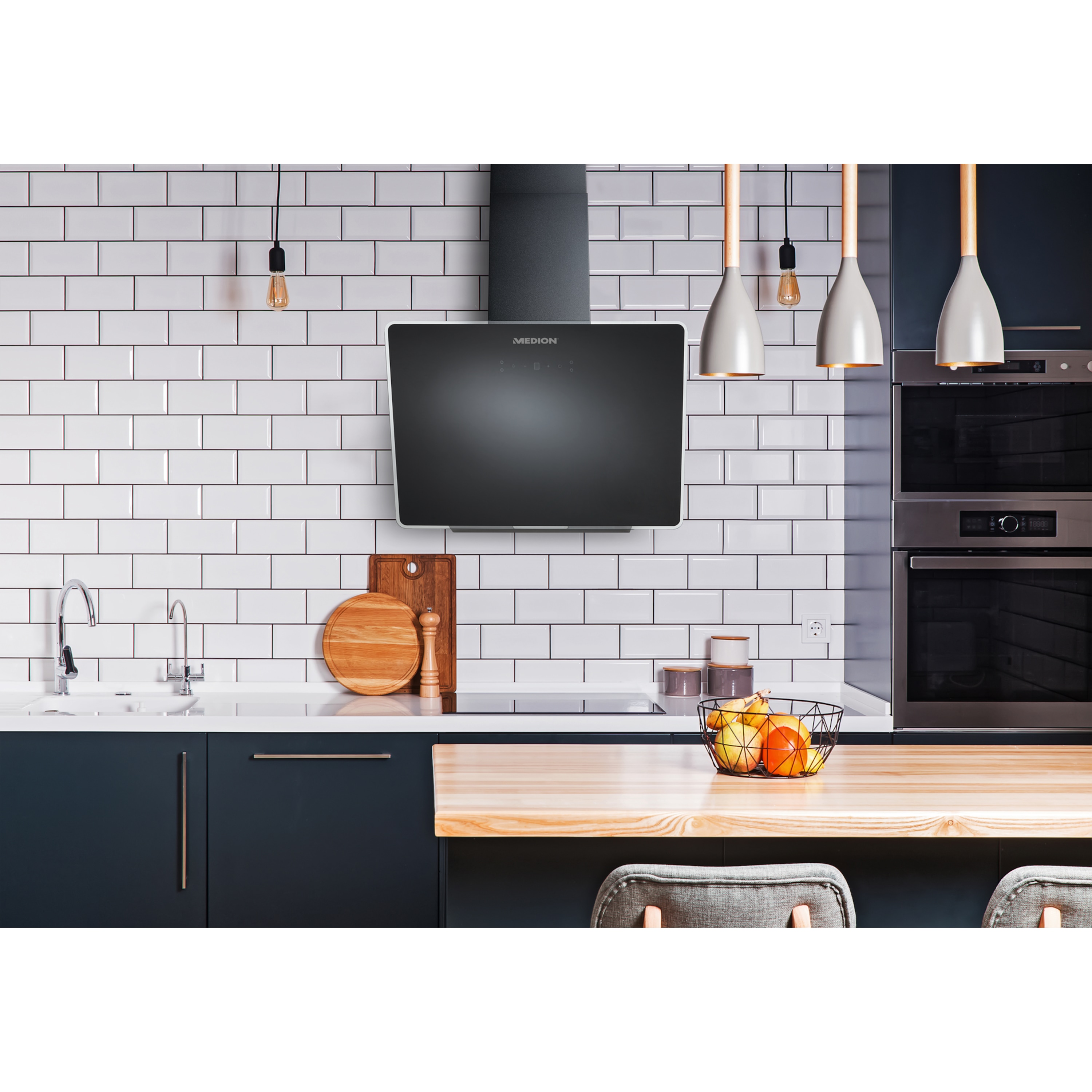 MEDION Dunstabzugshaube 60 Cm Kopffrei, Glasfront, 3 Stufen, 320 M³/h, Touch & Gestensteuerung, LED - Schwarz