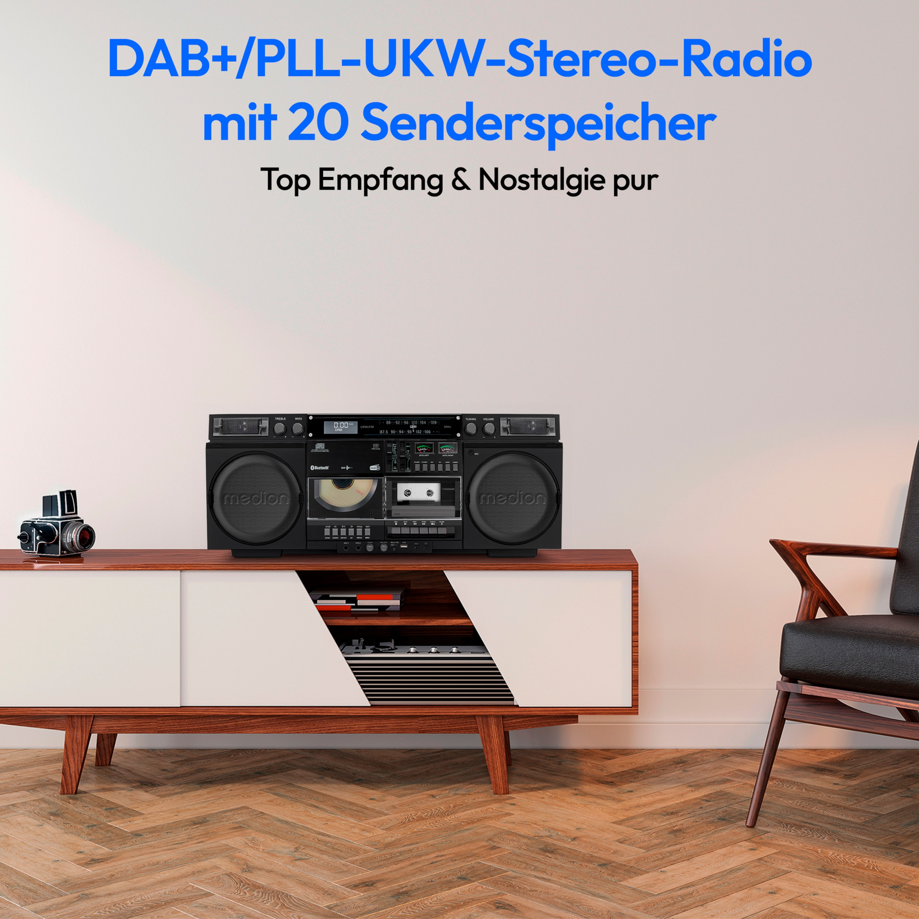 MEDION® LIFE® P66538 Retro-Boombox, DAB+/PLL-UKW Radio, Bluetooth® 5.3 für das Abspielen von Smartphone & Co, CD-Player, Kassettendeck, X-Bass Funktion, 2 x 10 W RMS