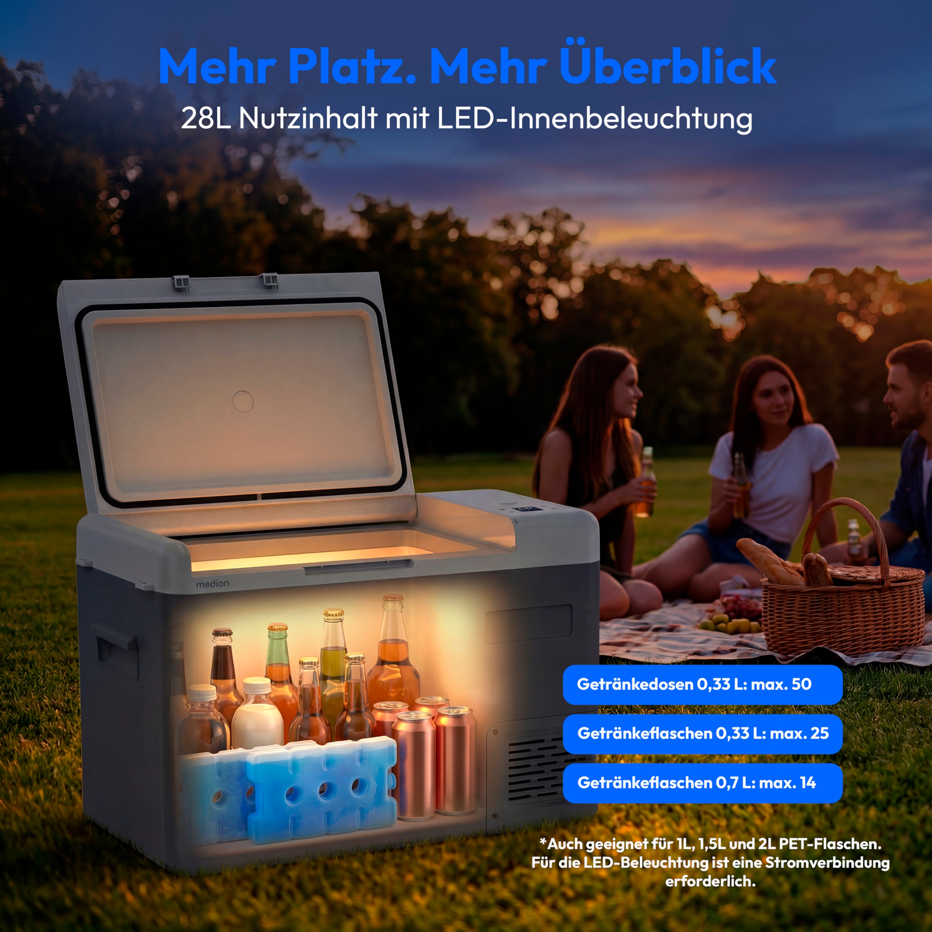 MEDION® MEDION LIFE Kompressor Kühlbox MD370027 CC28, 28 L, −20 °C bis +20 °C, Digitales Display, 12 V / 24 V / 230 V, LED-Innenbeleuchtung