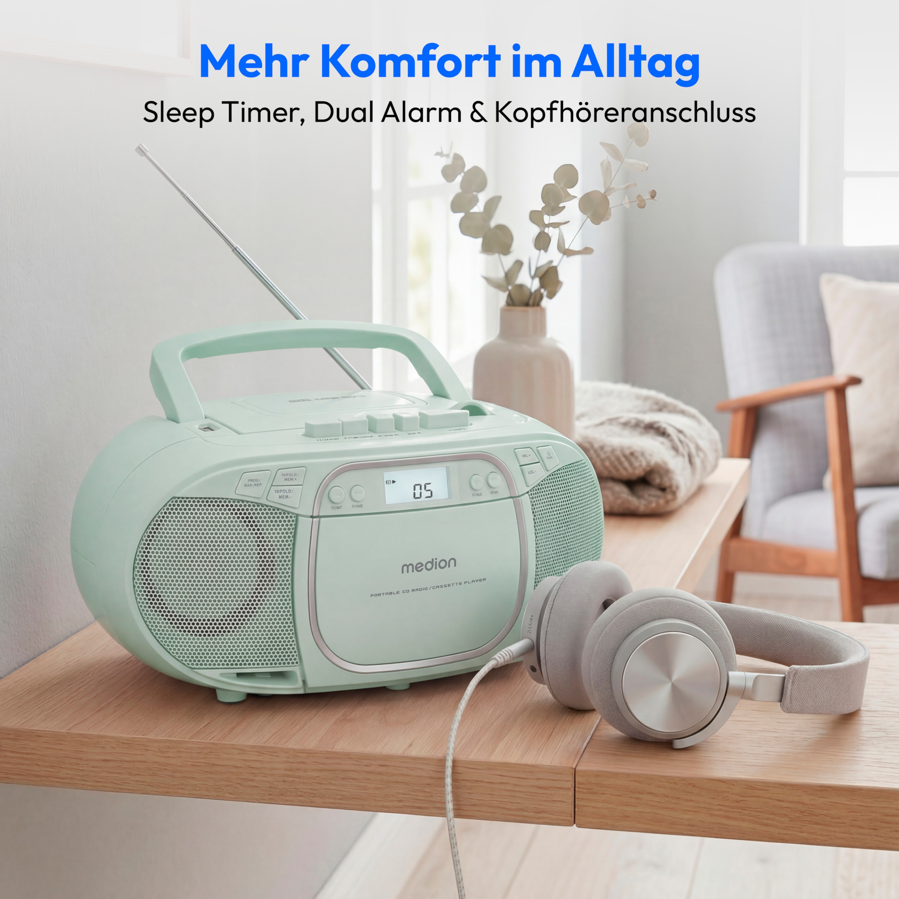 MEDION® LIFE E66476 Tragbare CD-Boombox, CD-Player, Kassettendeck, FM-Radio, USB-MP3-Wiedergabe, 30 Senderspeicher, Batteriebetrieb