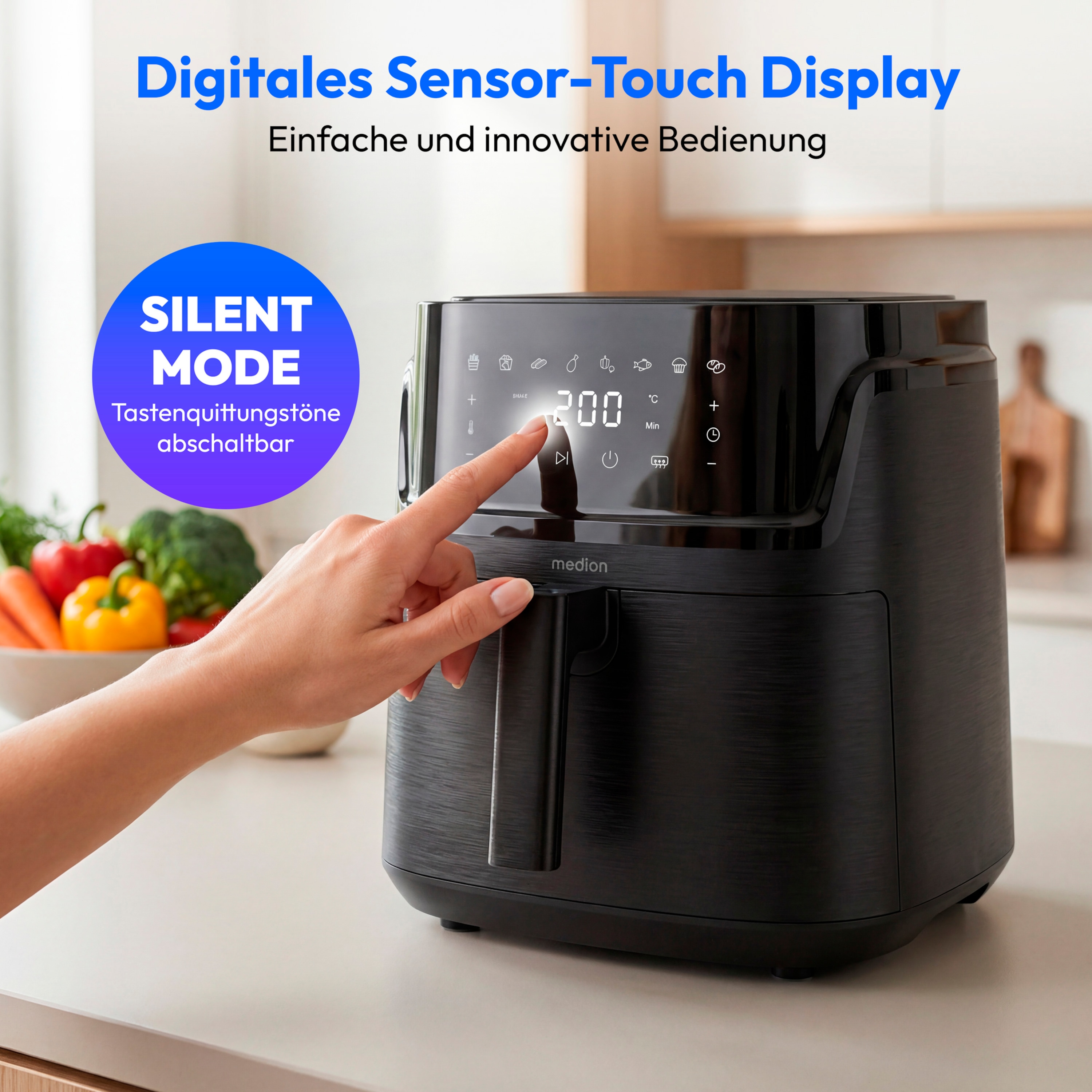 MEDION® LIFE Heißluftfritteuse MD100056, 7,2 L Gesamtvolumen, 10 Automatikprogramme, Edelstahl-Heizelement, digitales Sensor-Touch-Display, Temperatur 40–200 °C, ILAG SP-800 Beschichtung