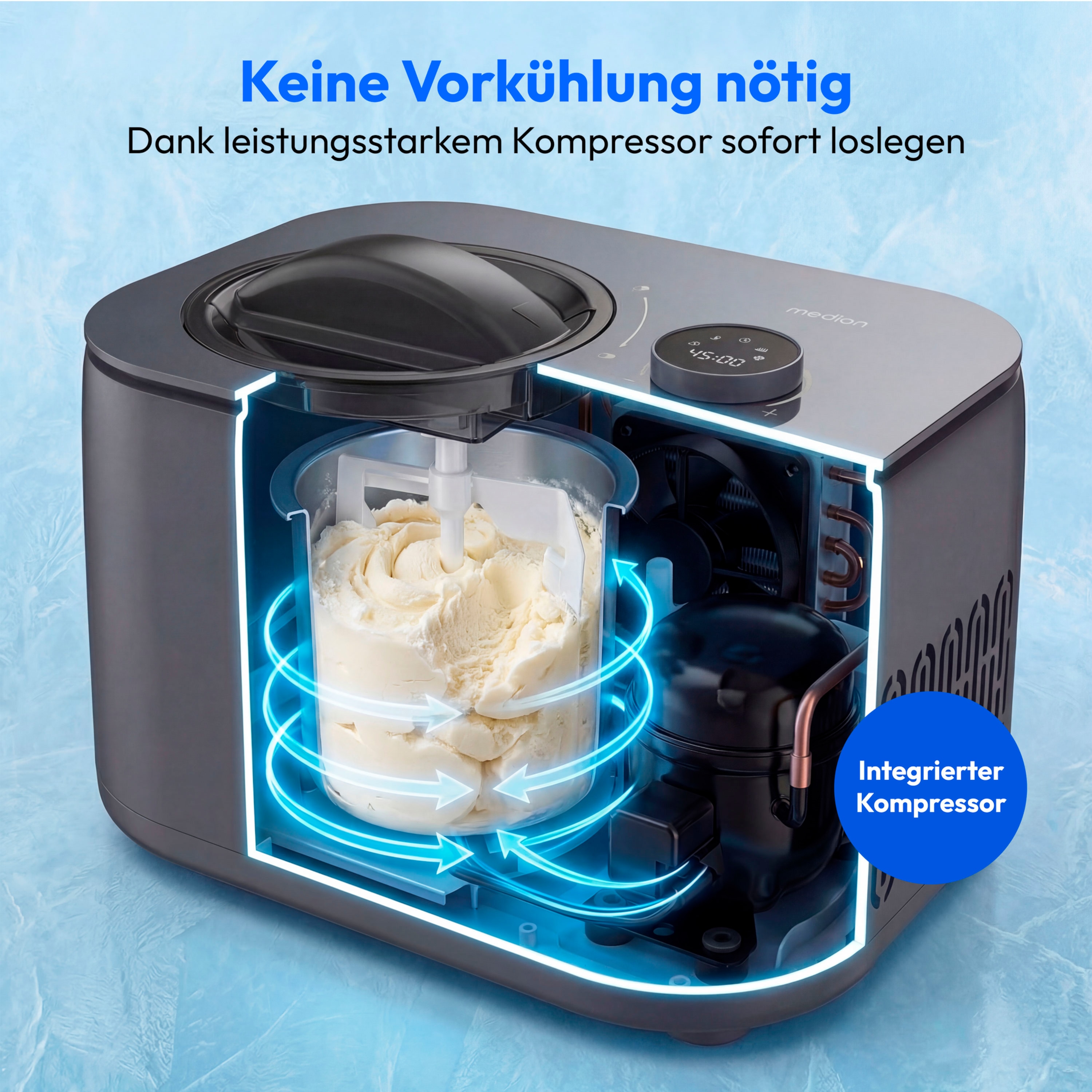MEDION® LIFE Eismaschine MD 100116, Kapazität für 1 L Eis, kein Vorkühlen notwendig, LED-Display mit Sensor-Touch, entnehmbarer Aluminium-Eisbehälter, geeignet für die Zubereitung von Eiscreme, Joghurt & Sorbet