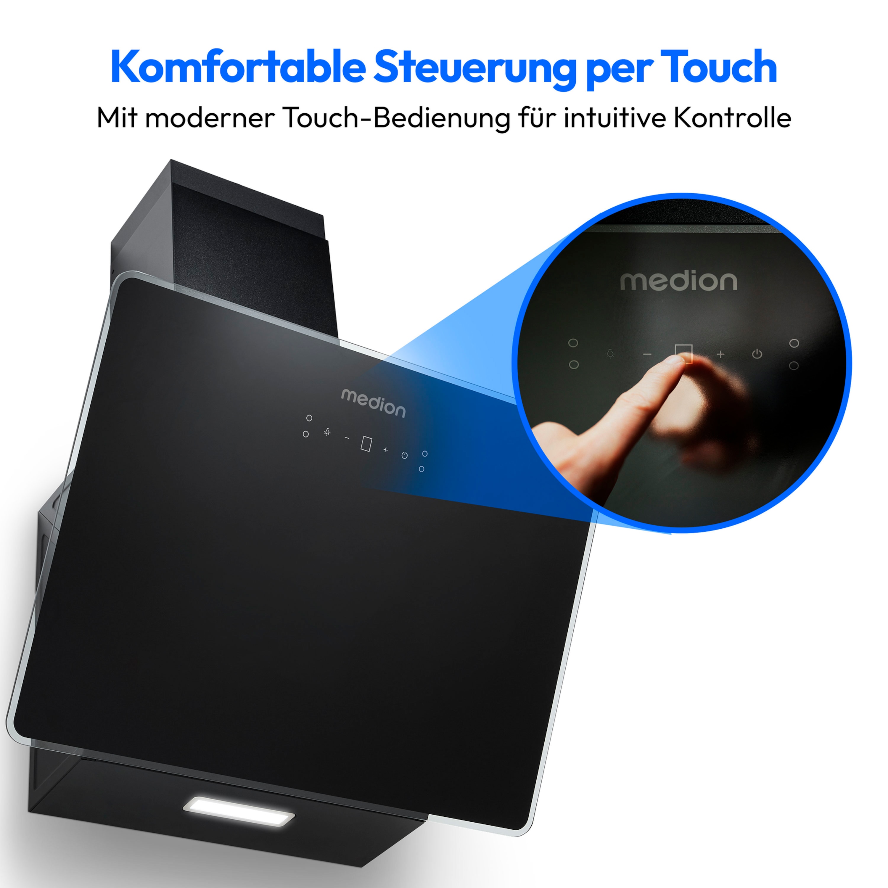 MEDION® Kopffreie Glas-Dunstabzugshaube MD 37774, Breite 60cm, LED-Beleuchtung, 3 Geschwindigkeitsstufen, Steuerung per Touch oder mit Gesten