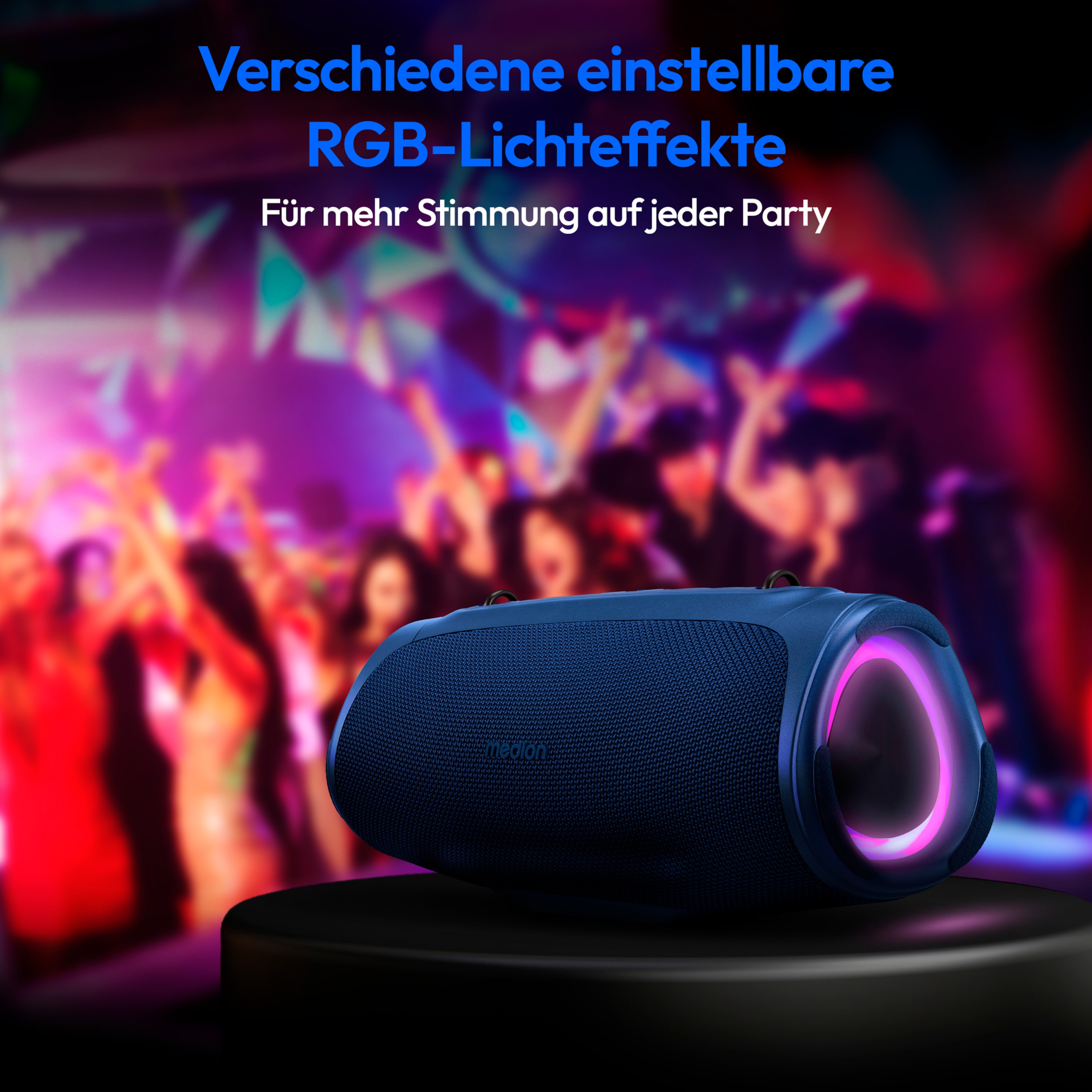 MEDION® LIFE® P61746 Tragbarer Bluetooth® Lautsprecher M, Dual Illuminated (RGB-Lichteffekte), Bluetooth® 5.3, integrierter Akku mit bis zu 42 Stunden Laufzeit, robustes & mobiles Design, 2 x 15 W RMS
