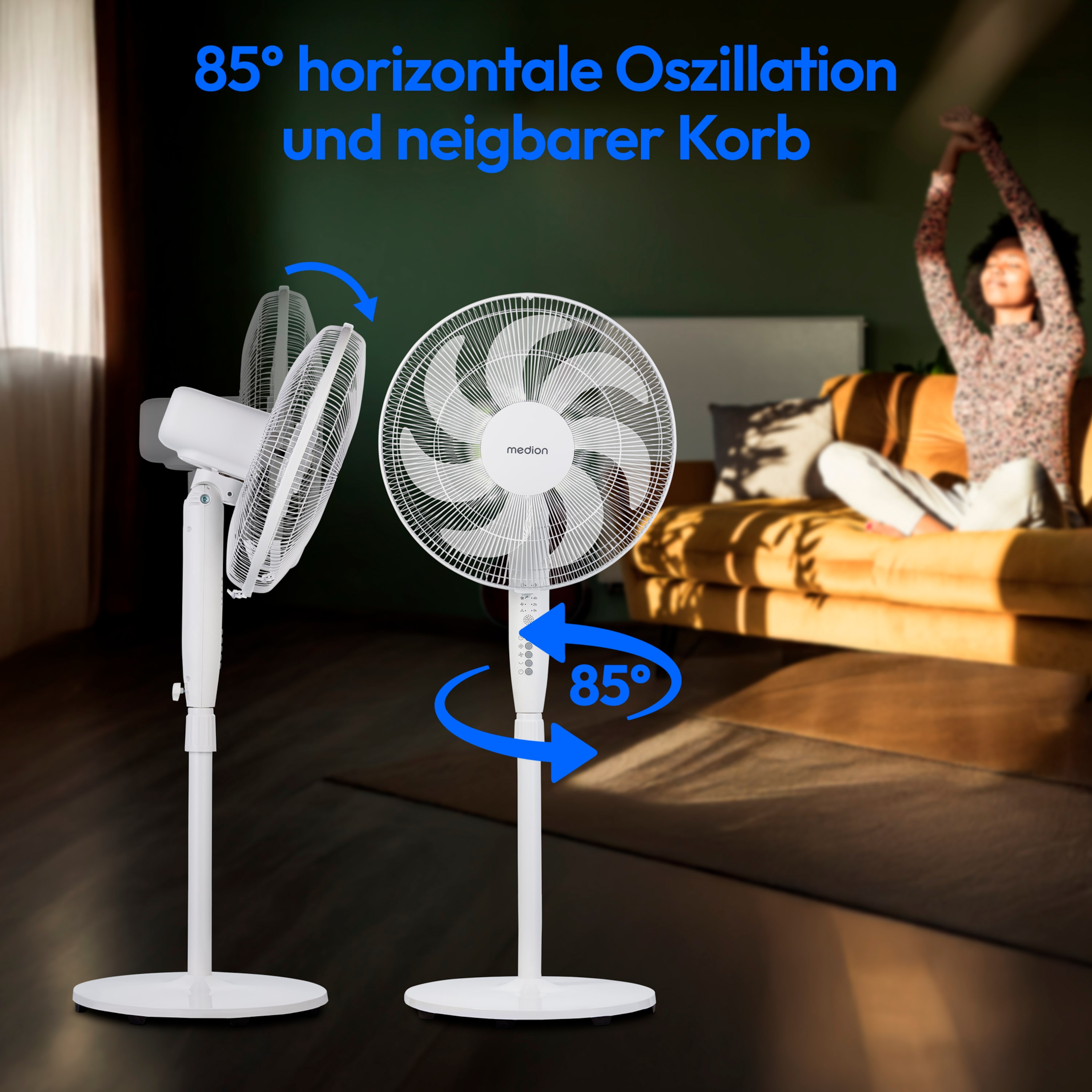 MEDION® LIFE P21 SF Standventilator mit Fernbedienung (MD 12069), 3 Geschwindigkeitsstufen, 3 Modi, verstellbare Höhe, 85° horizontale Oszillation, Timerfunktion