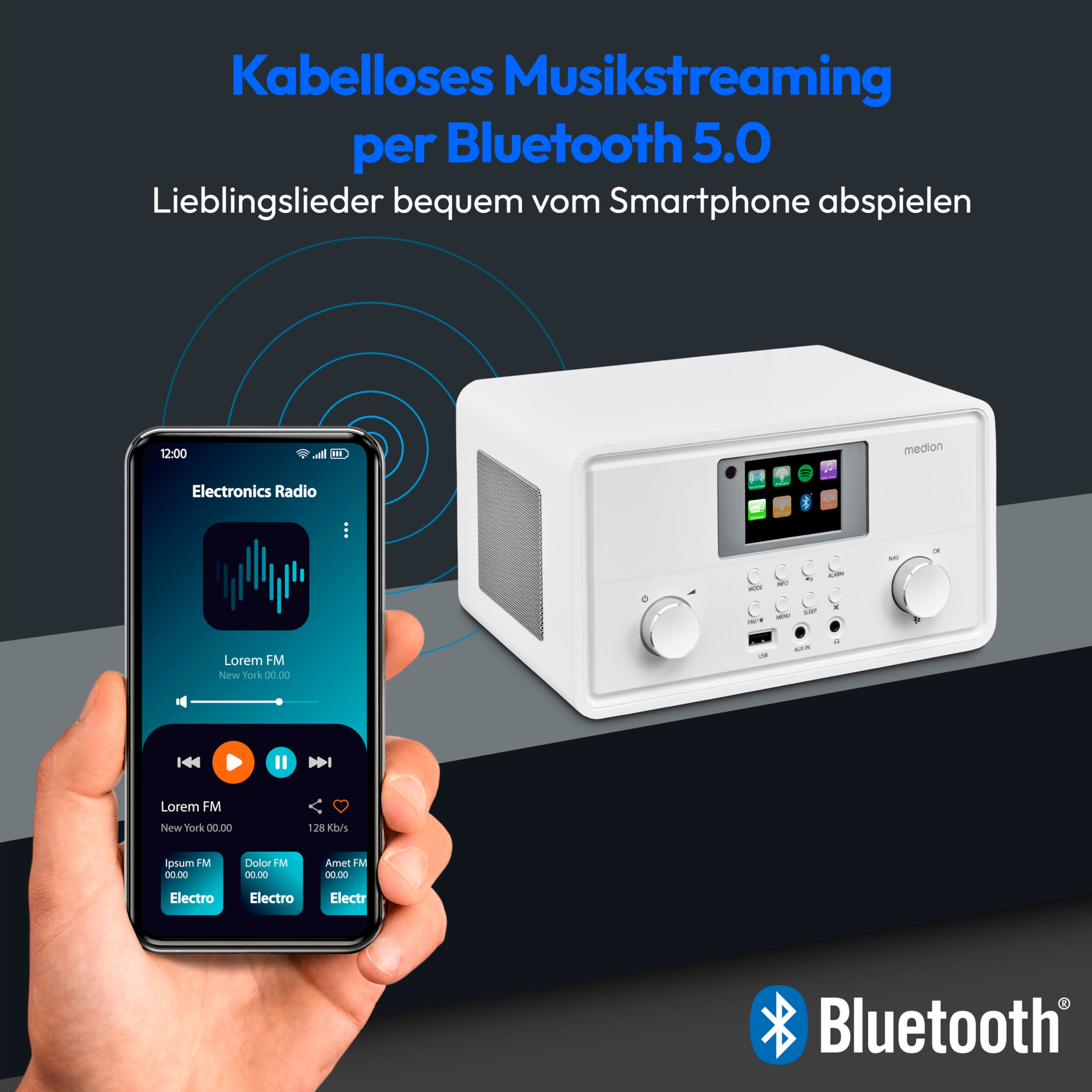 MEDION® LIFE® P85027 Stereo Internetradio, 7,1 cm (2,8'') TFT-Display, 25.000+ Internetradiosender & zahlreiche Podcasts, DAB+/UKW-Radio, Bluetooth®, Spotify®-Connect, WLAN, 2 x 10 W RMS