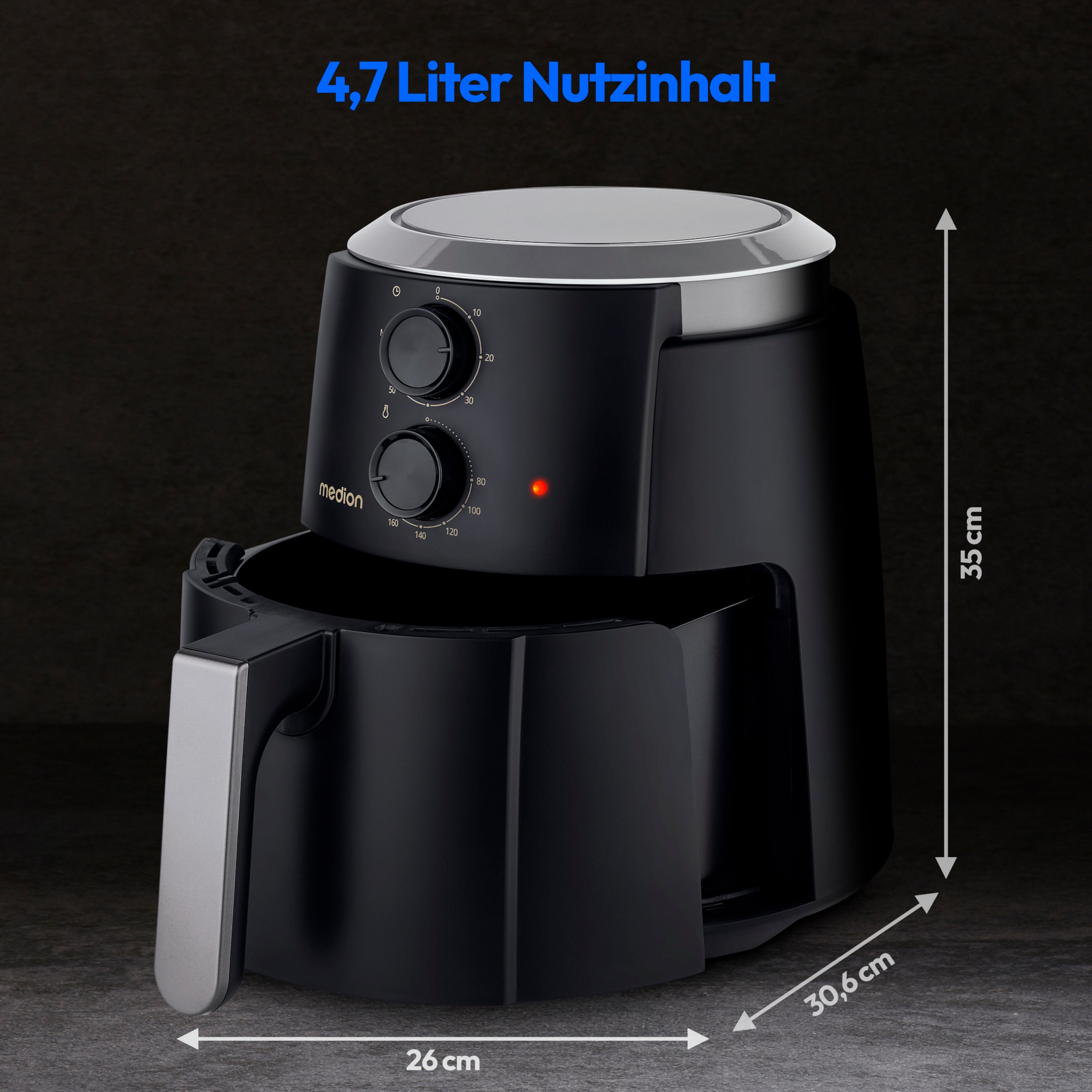 MEDION® LIFE Heißluftfritteuse P30 L (MD13020), 100 Rezepte in der Life+ App¹, 4,7 Liter Fassungsvermögen, 1.500 Watt, 60 min. Timer
