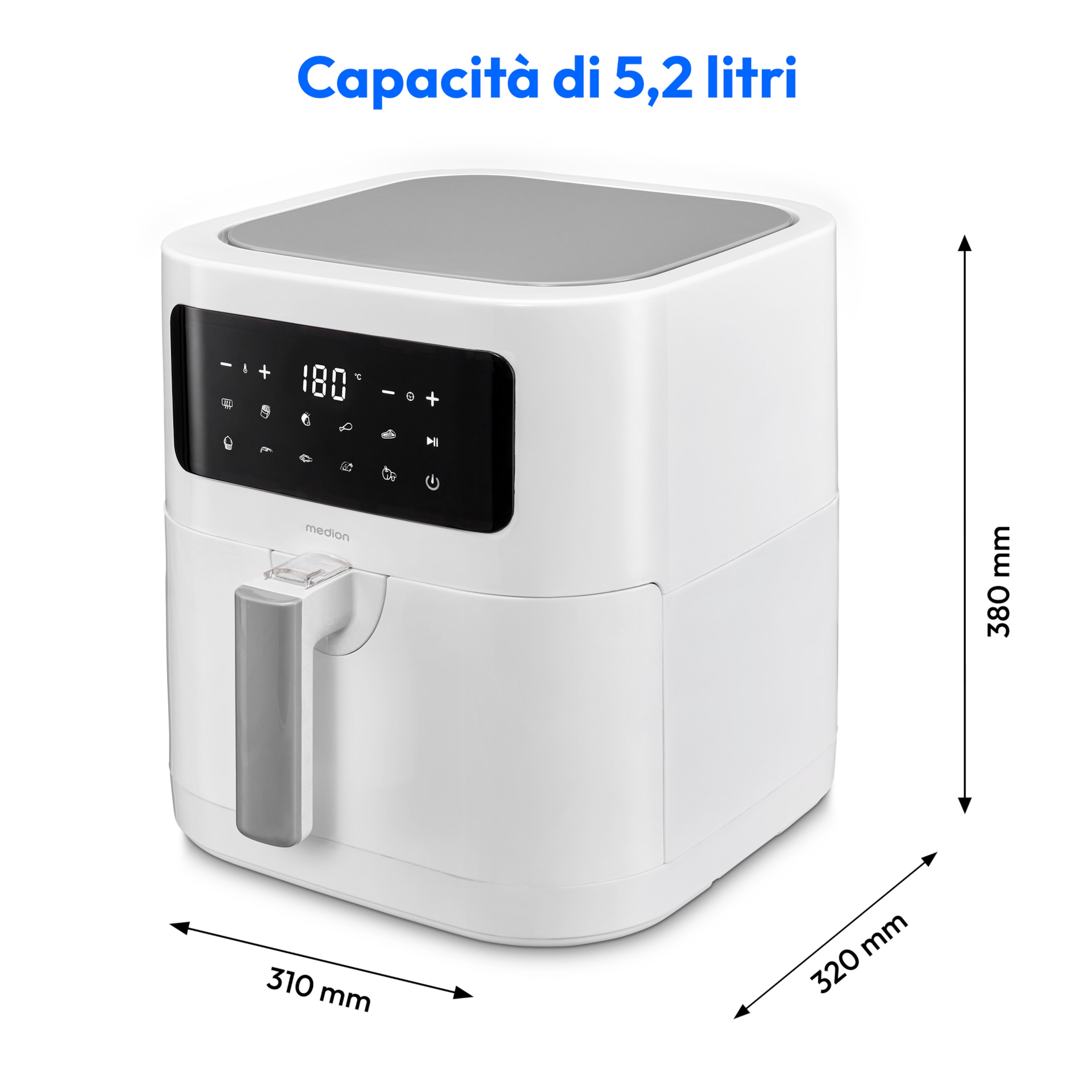MEDION® LIFE® E40 XL Heißluftfritteuse MD 11740, 100 Rezepte in der Life+ App, ölfreies Frittieren, 9 Automatikprogramme, 5,2 L Korbvolumen