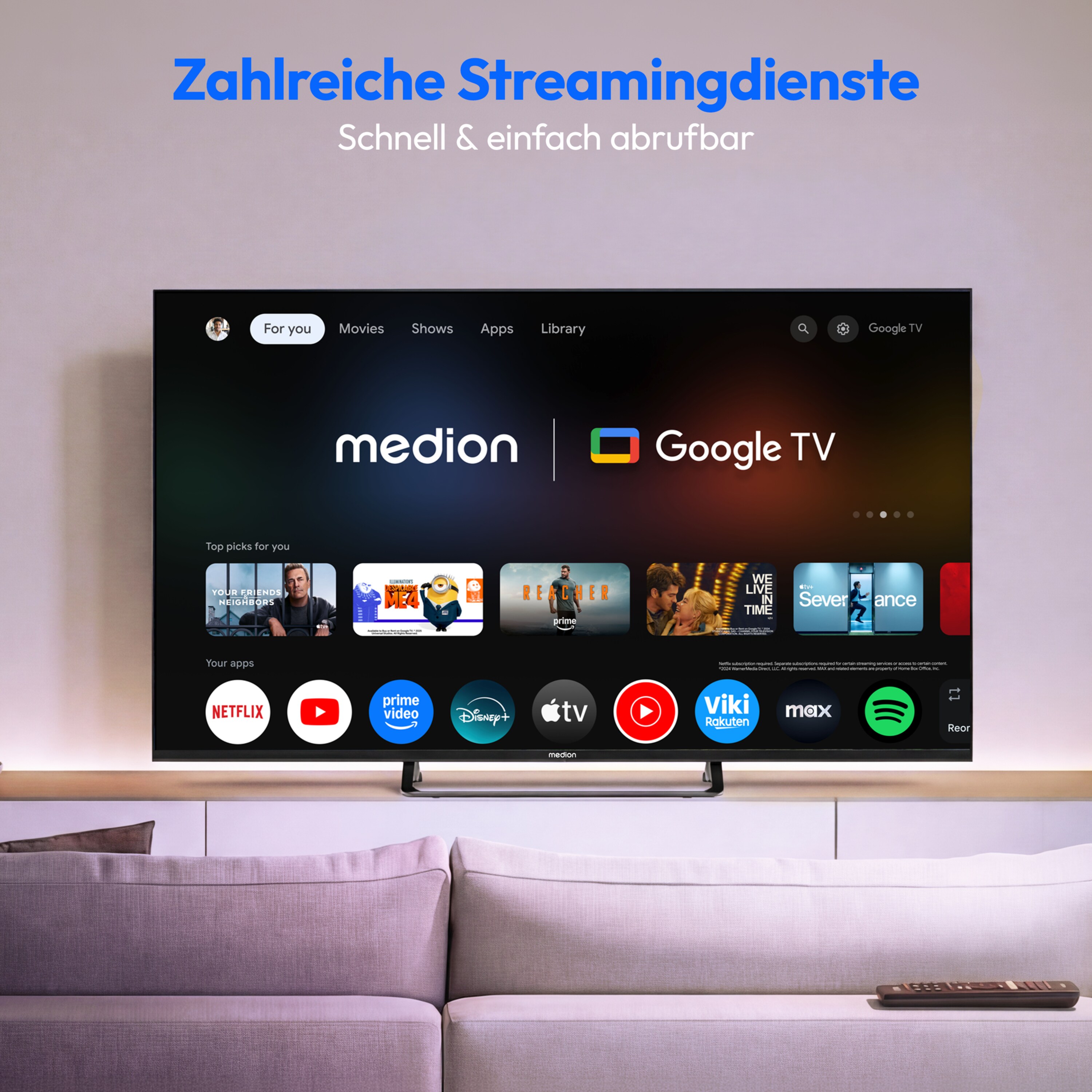 MEDION® LIFE MD 865701 QLED Google TV™, 163,9 cm (65'') Ultra HD Display, HDR (High Dynamic Range), Dolby Vision®, MEMC, Bluetooth®, PVR ready, Netflix, Prime Video, Disney+, App Store