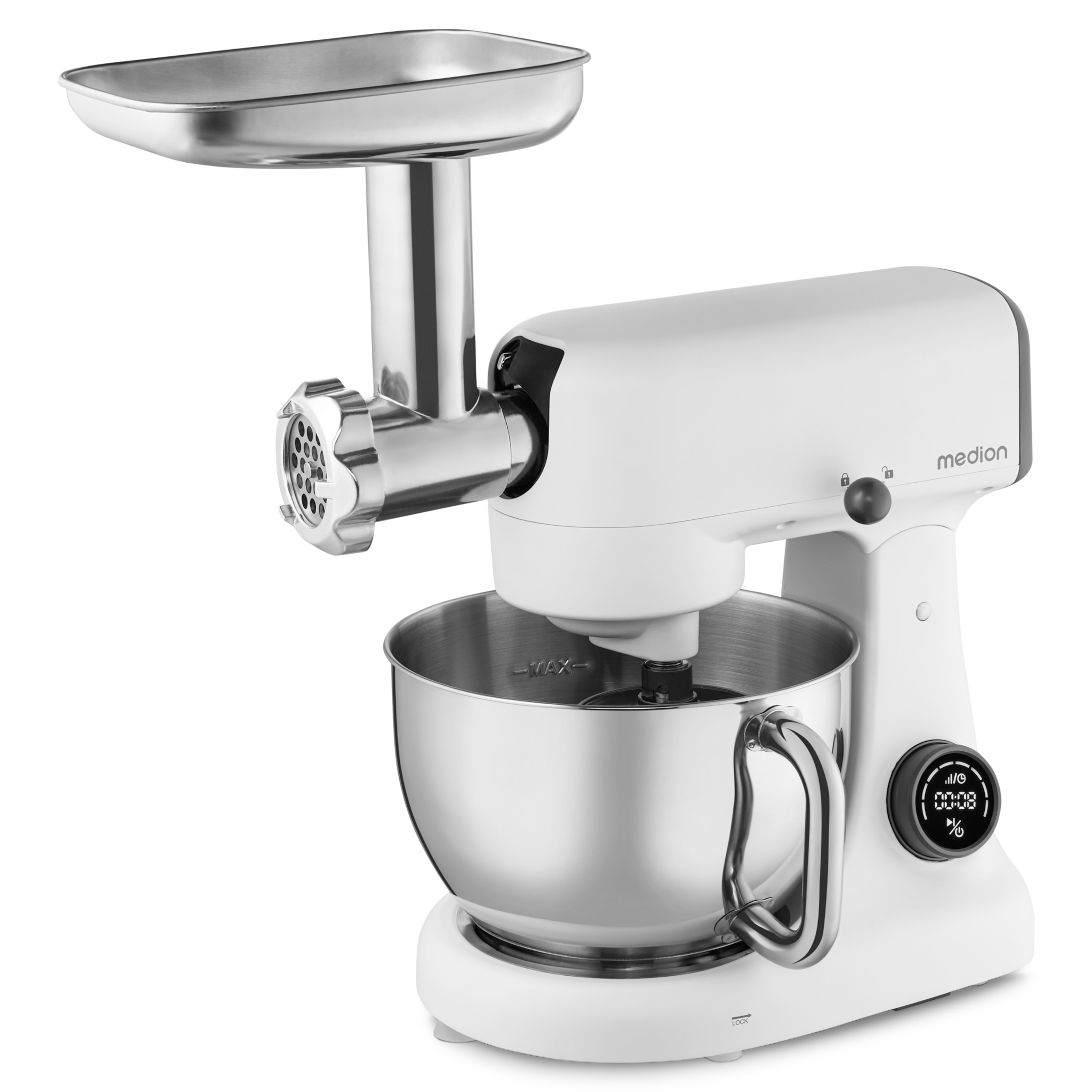 MEDION® LIFE Digitale Küchenmaschine MD12600, 800 W Gleichstrommotor, Energiesparend, Ultraleise, Digitales Sensor-Touch-Display, 4,6 L Edelstahlschüssel, Inkl. Fleischwolf