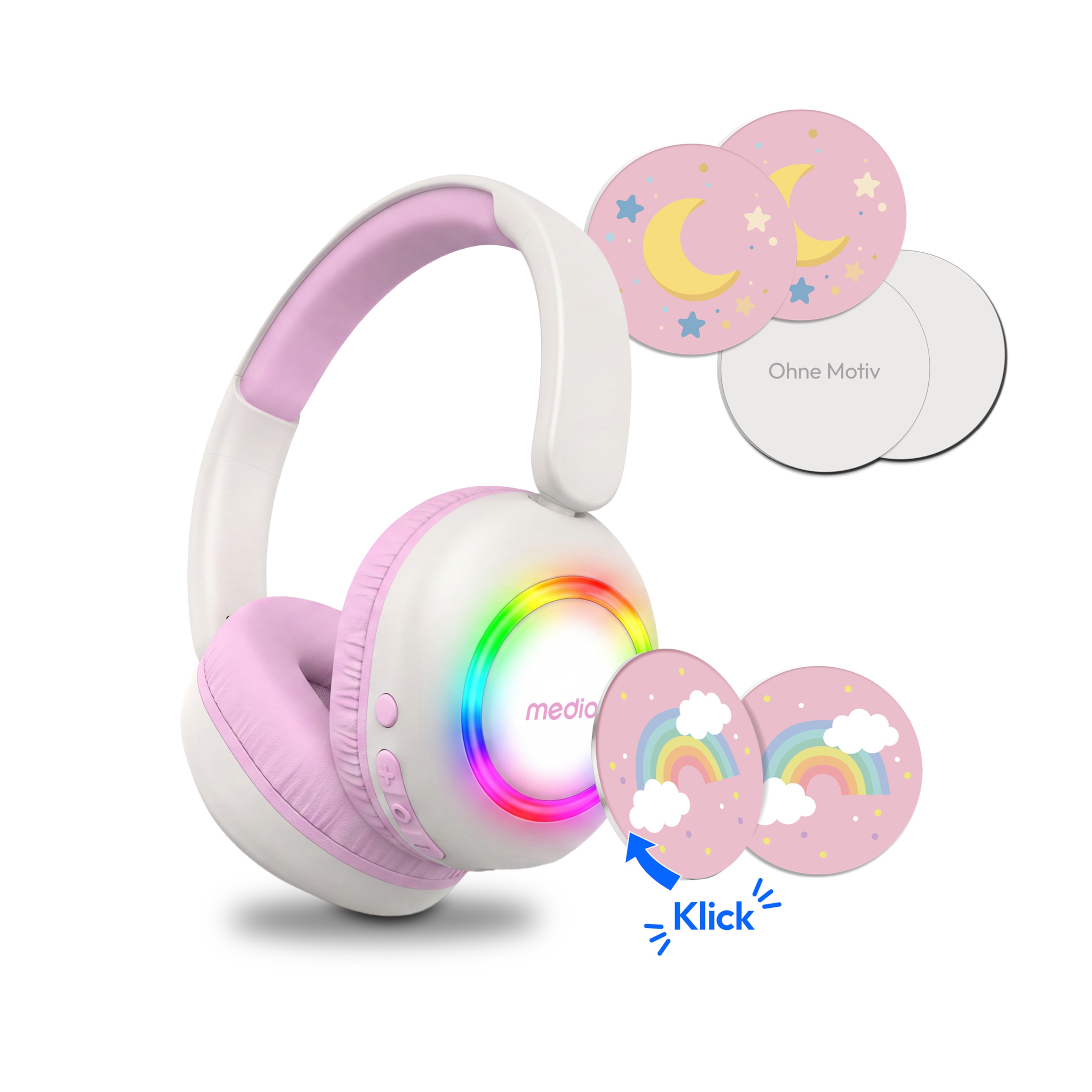 MEDION® LIFE HE-1 Kids Bluetooth Kinderkopfhörer, 3-stufiger Gehörschutz, bis zu 85 Std. Akkulaufzeit, MP3-Player, Bluetooth 5.4, AUX & microSD, LED-Lichtring, austauschbare Designs