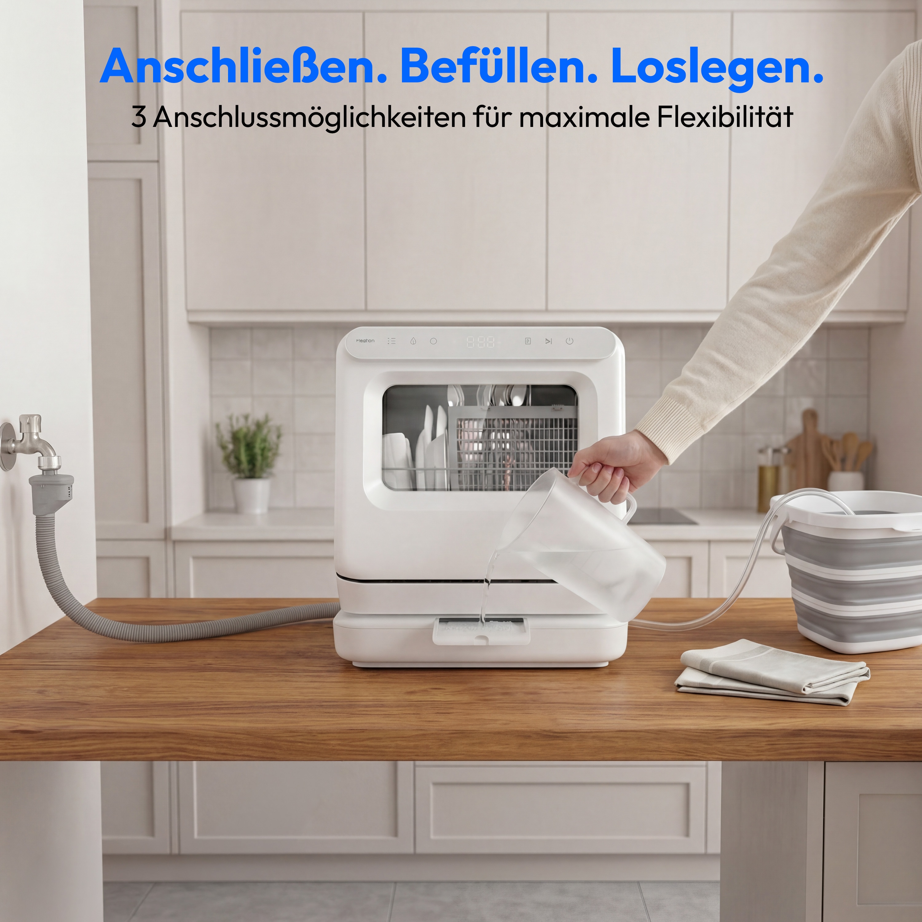 MEDION® LIFE Mini-Geschirrspüler DWT30 (MD370022), 3 Maßgedecke, 3-in-1 Betrieb mit Wassertank, 6 Programme, UV-Licht, Lüfter-Trocknung, LED-Touch-Display