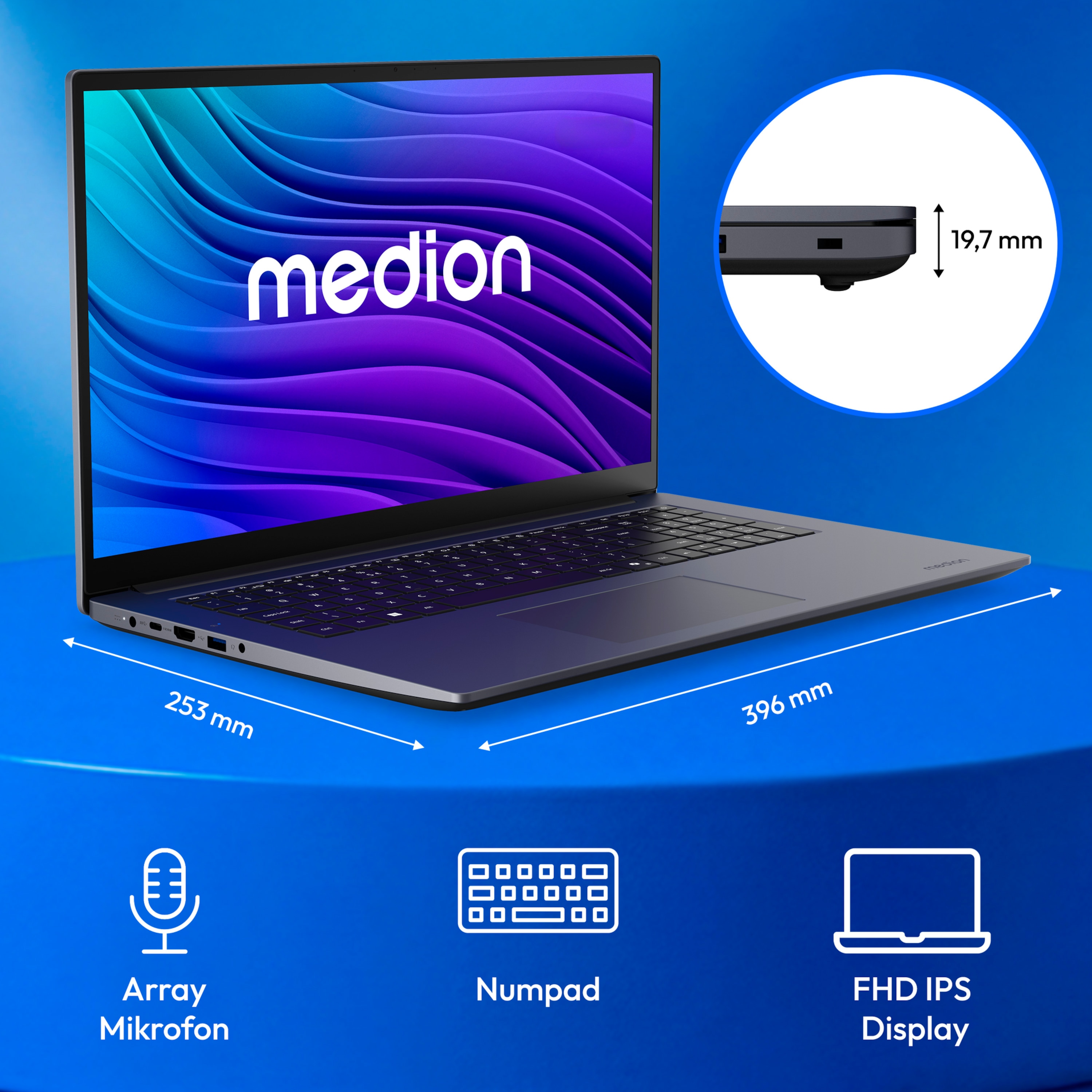 MEDION® Avantum 17 E1i Laptop, Intel® Core™ i5-13420H, Windows 11 Home, 43,9 cm (17,3") FHD Display, 1 TB SSD, 32 GB RAM, KEIN NETZTEIL