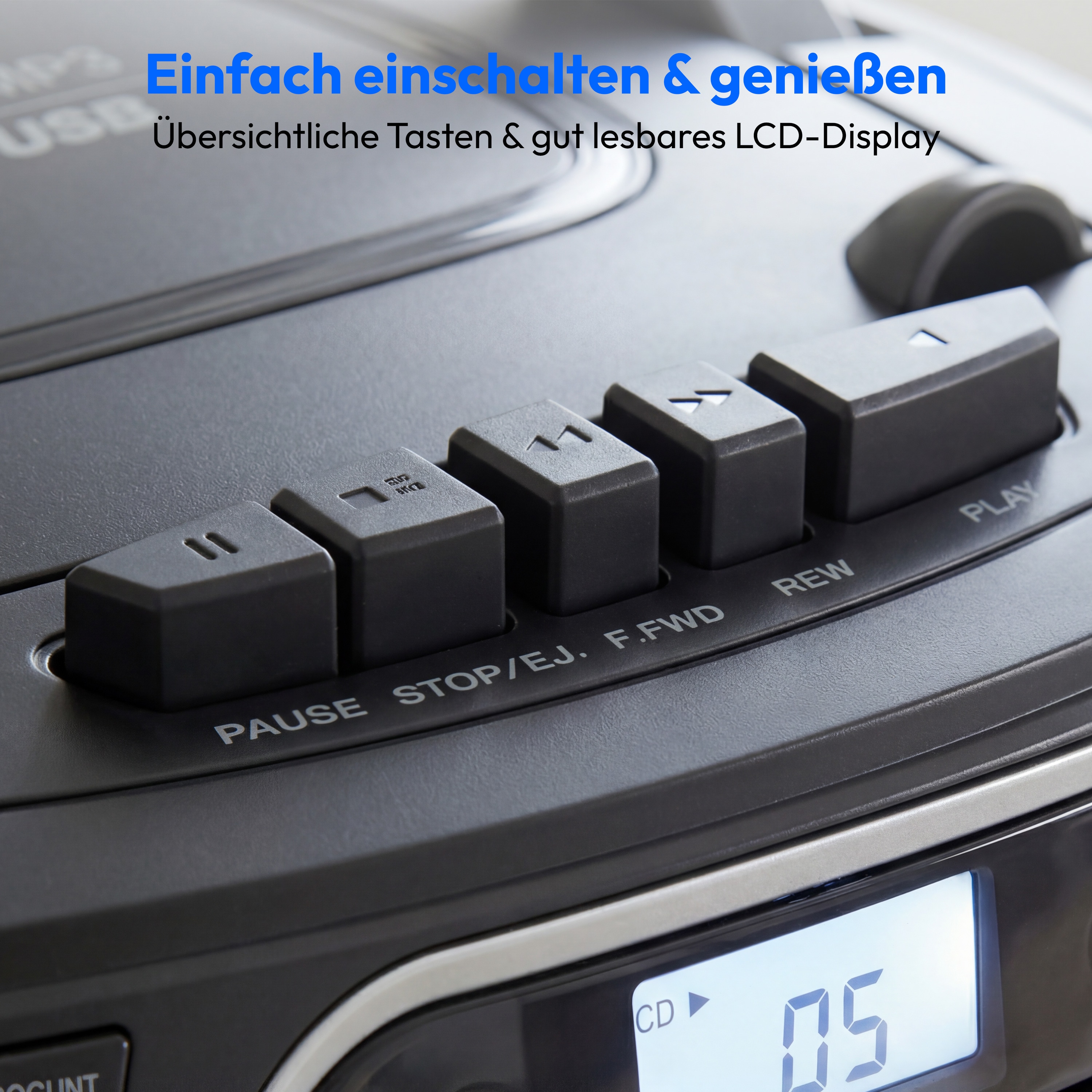 MEDION® LIFE E66476 Tragbare CD-Boombox, CD-Player, Kassettendeck, FM-Radio, USB-MP3-Wiedergabe, 30 Senderspeicher, Batteriebetrieb