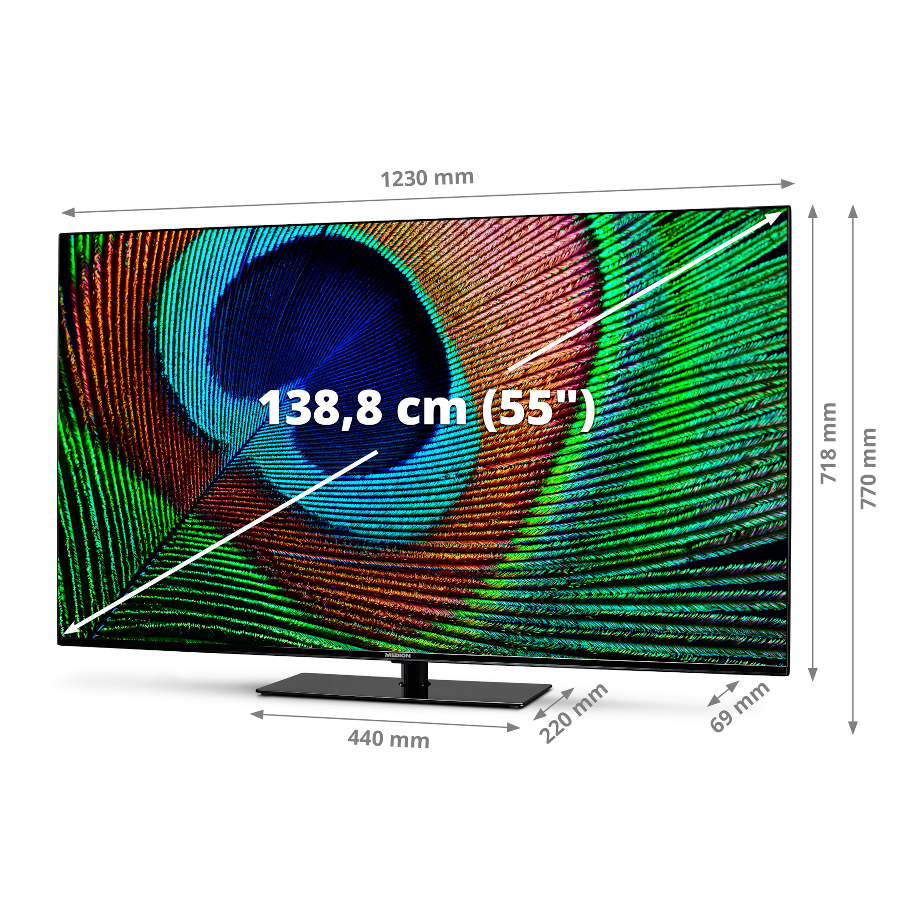 MEDION® LIFE® X15570 (MD 30135) Android TV, 138,8 cm (55'') Ultra HD Smart-TV, HDR, Dolby Vision®, Micro Dimming, PVR ready, Netflix, Amazon Prime Video, Bluetooth®, Dolby Atmos, DTS Virtual X, DTS X, HD Triple Tuner, CI+