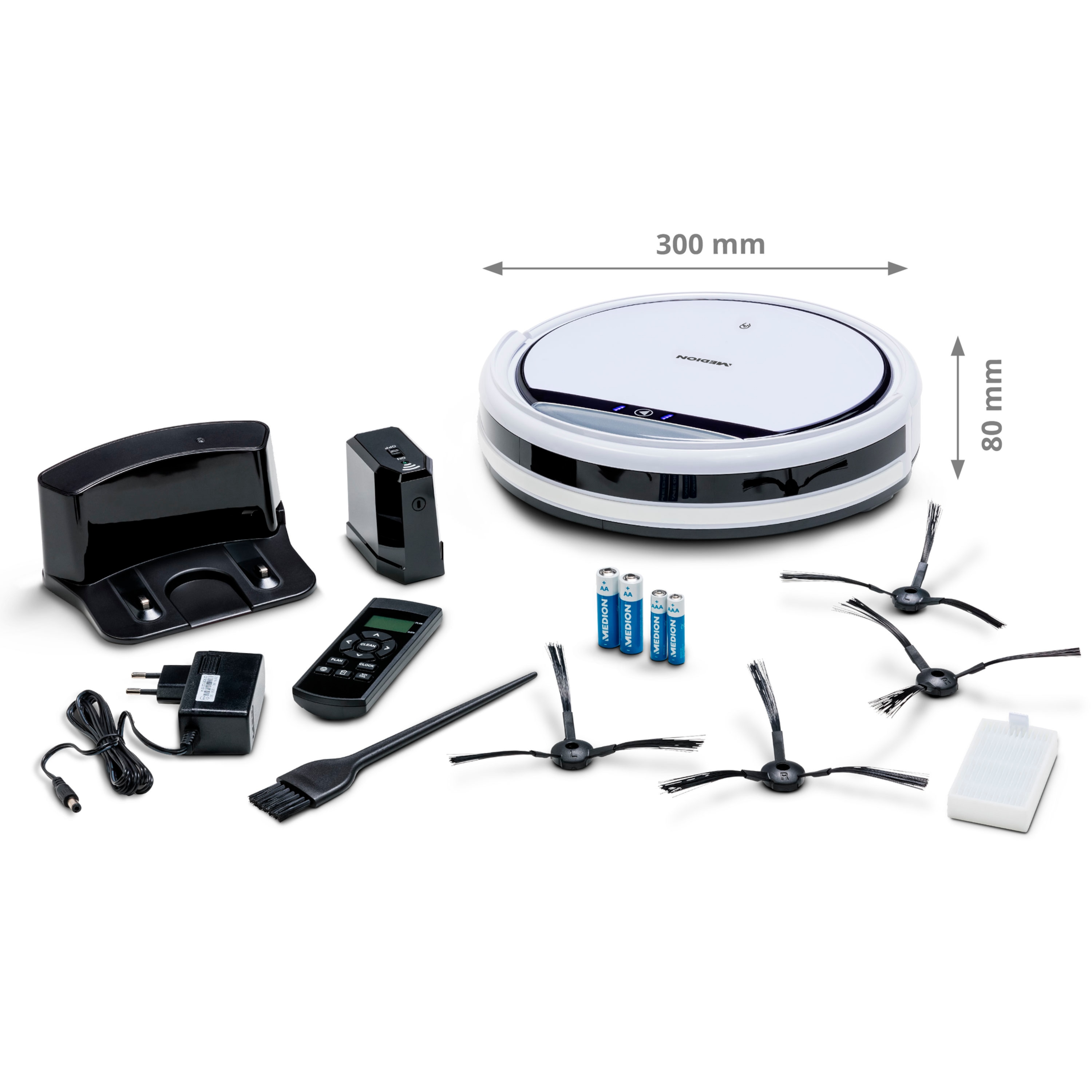 MEDION® Saugroboter MD 19500, systematische Navigation, Hinderniserkennung, putzt unter Möbeln (8cm), Tierhaar und Allergiker optimiert, 90 Min. Laufzeit, Programmierfunktion, Rückkehr zur Ladestation