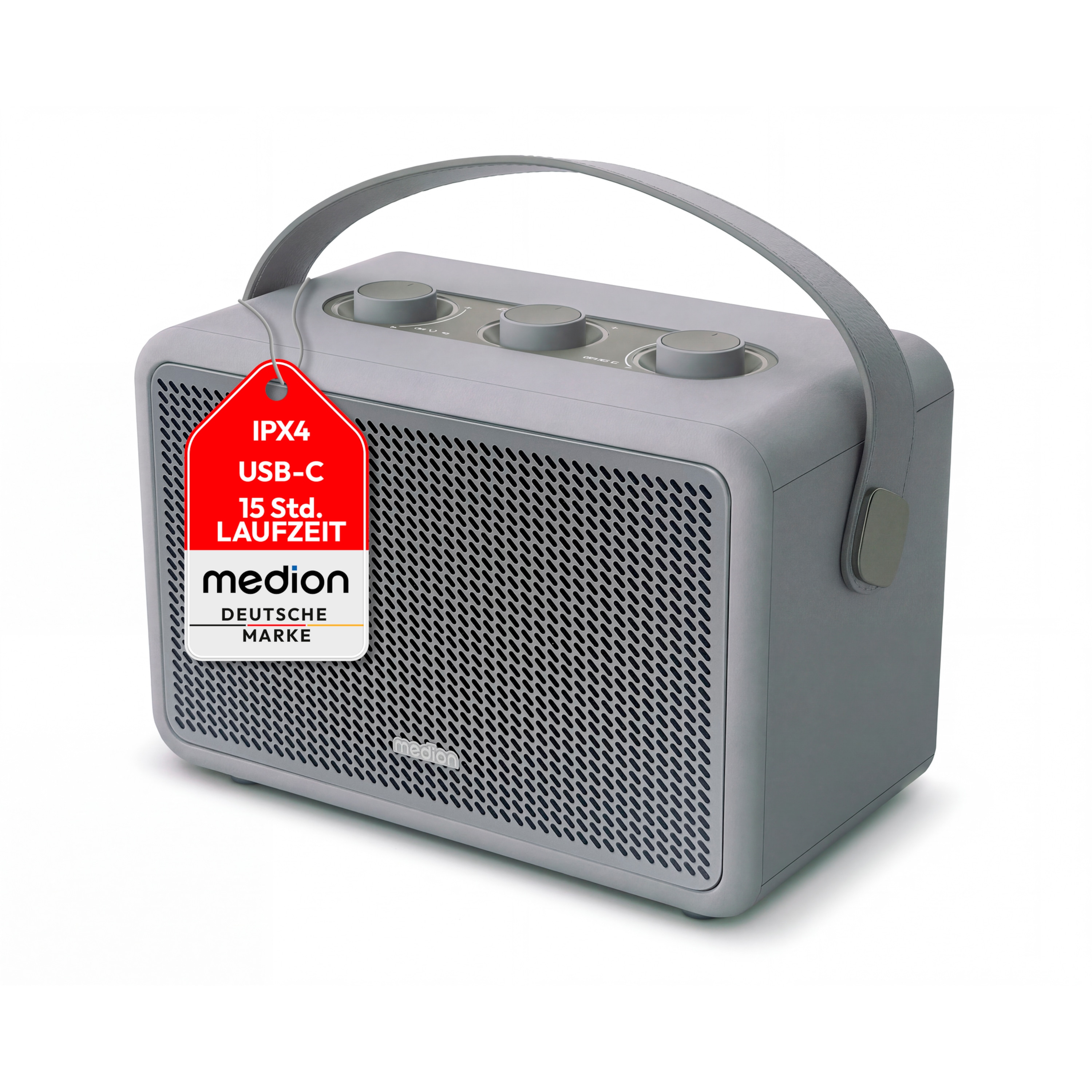 MEDION® LIFE BXO-1 Bluetooth® Lautsprecher grau, 2 x 15W RMS, integrierter Akku mit bis zu 15 Stunden Laufzeit, Bluetooth® 5.3, robustes & mobiles Design