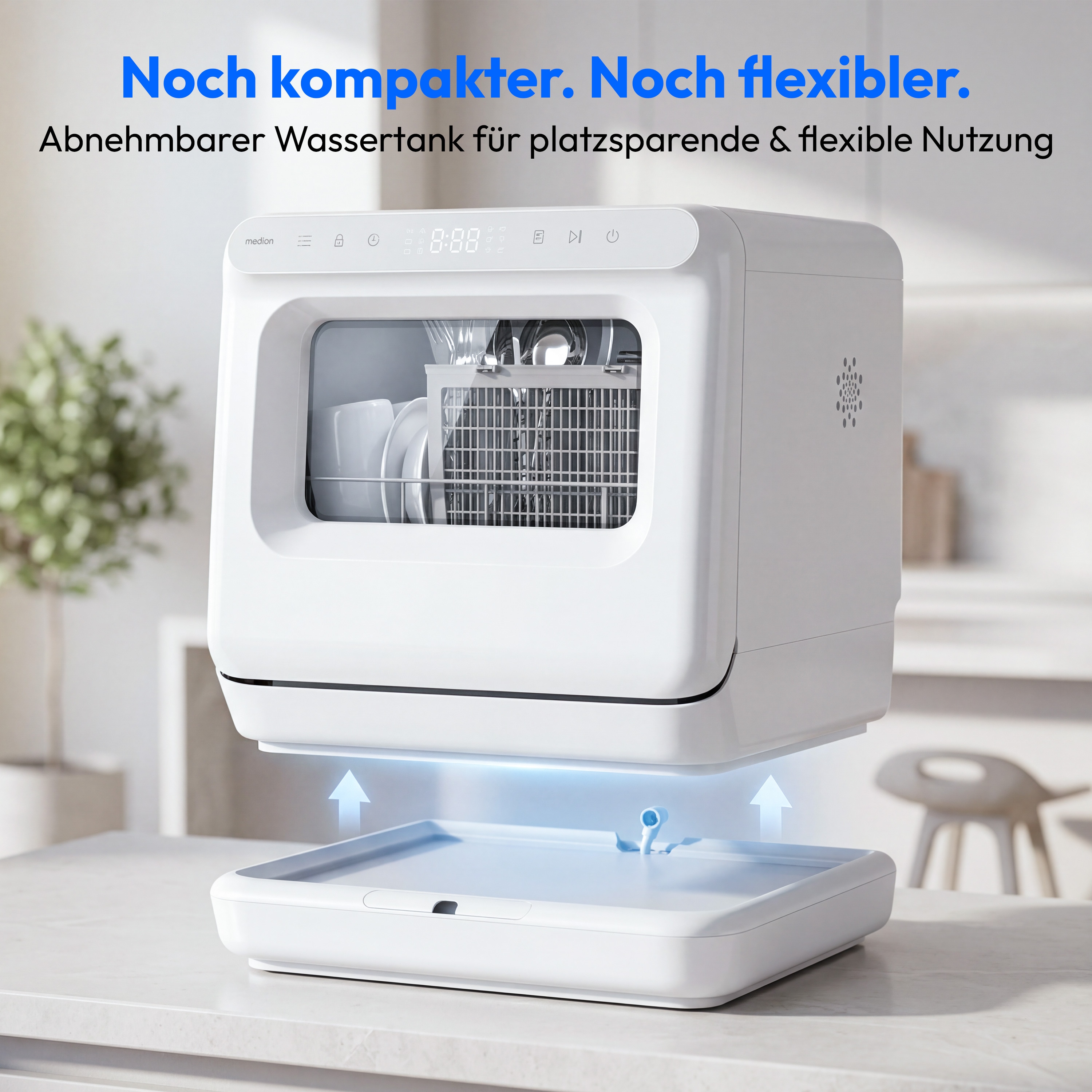 MEDION® LIFE Mini-Geschirrspüler DWT30 (MD370022), 3 Maßgedecke, 3-in-1 Betrieb mit Wassertank, 6 Programme, UV-Licht, Lüfter-Trocknung, LED-Touch-Display
