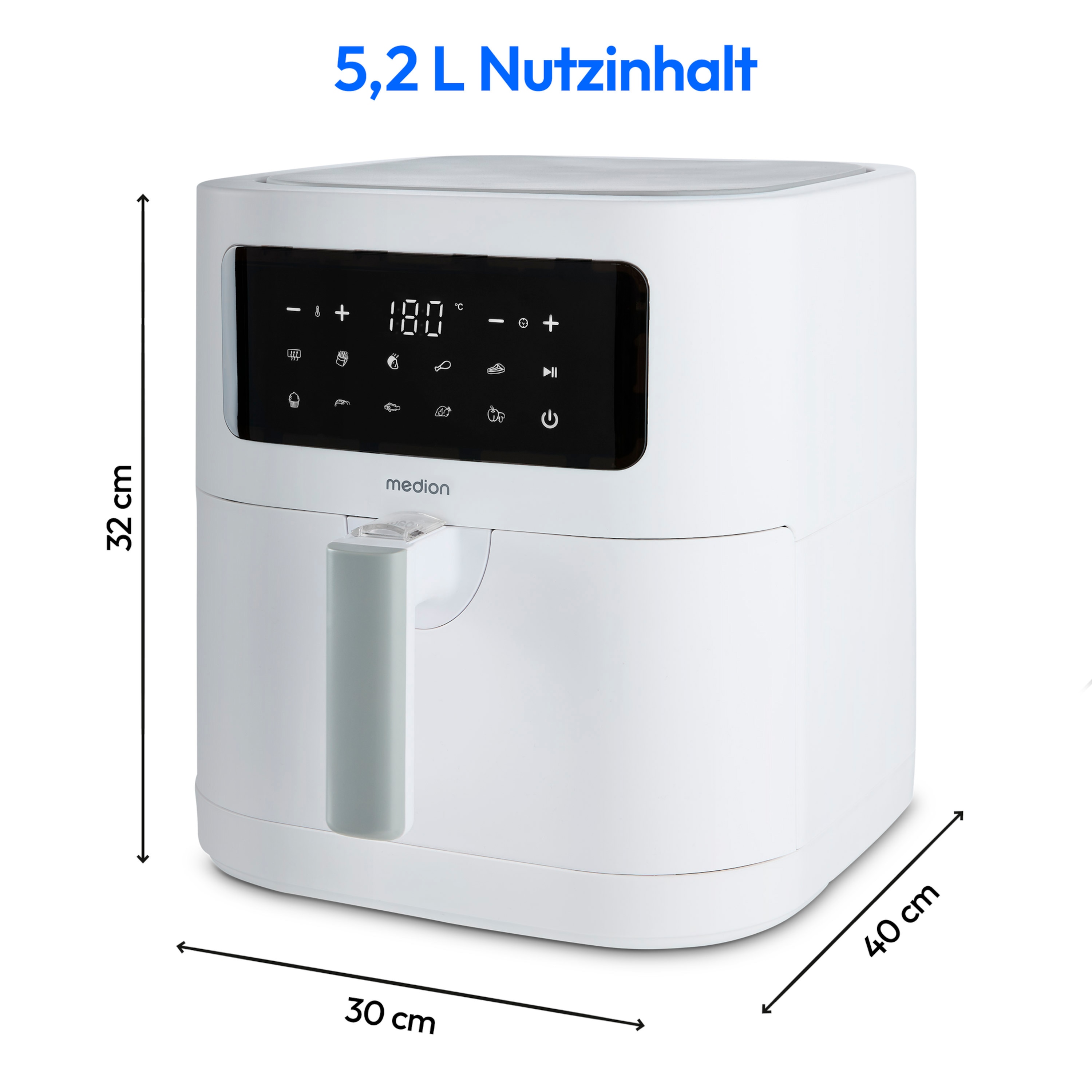 MEDION® LIFE® E40 XL Heißluftfritteuse Matt MD11740, 100 Rezepte in der Life+ App, ölfreies Frittieren, 9 Automatikprogramme, 5,2 L Korbvolumen