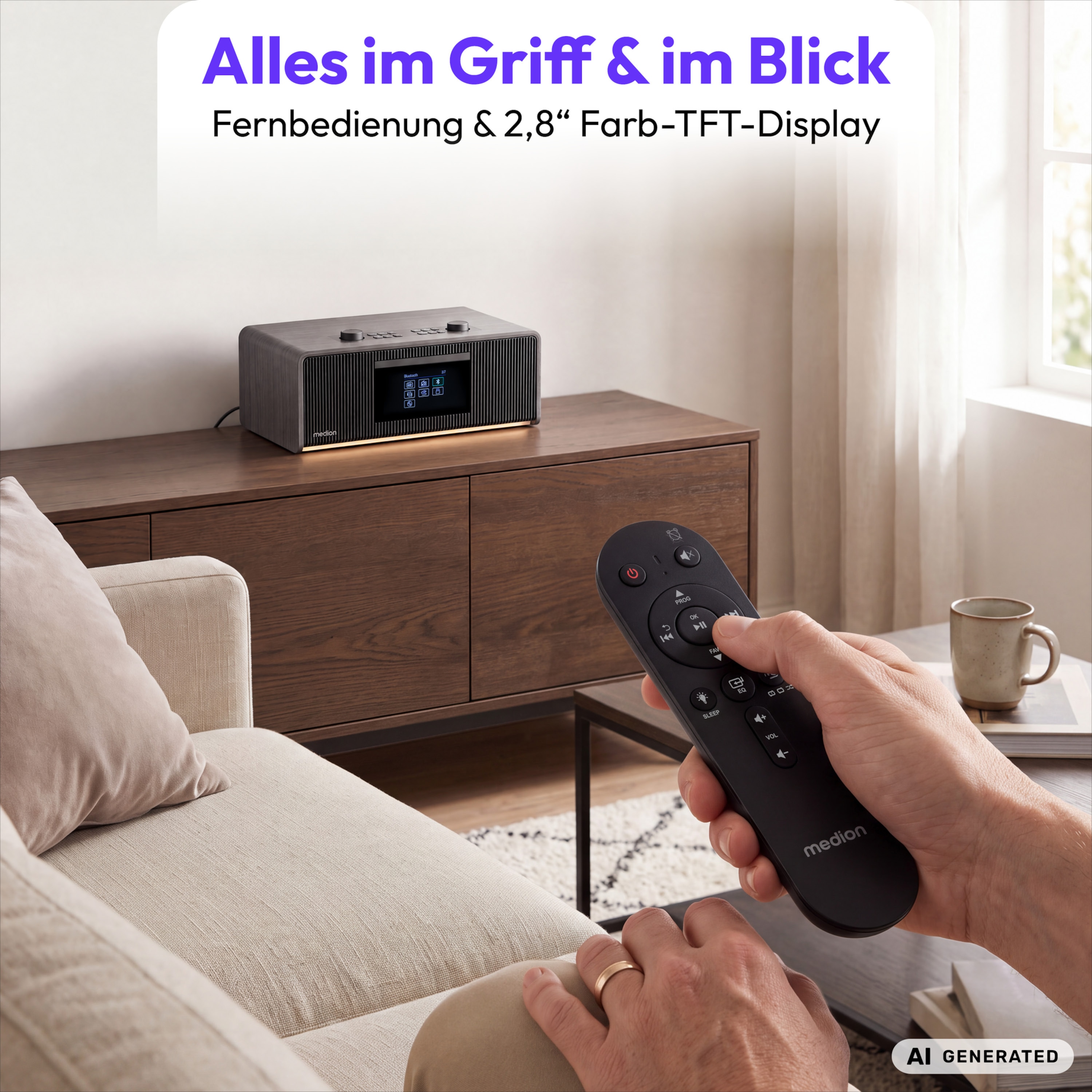 MEDION® LIFE DRP-1 All-in-One Audio System, Bluetooth® 5.3, DAB+/PLL-UKW Radio, 2,8" TFT-Farbdisplay, CD/MP3-Player, 2 x 20 W RMS