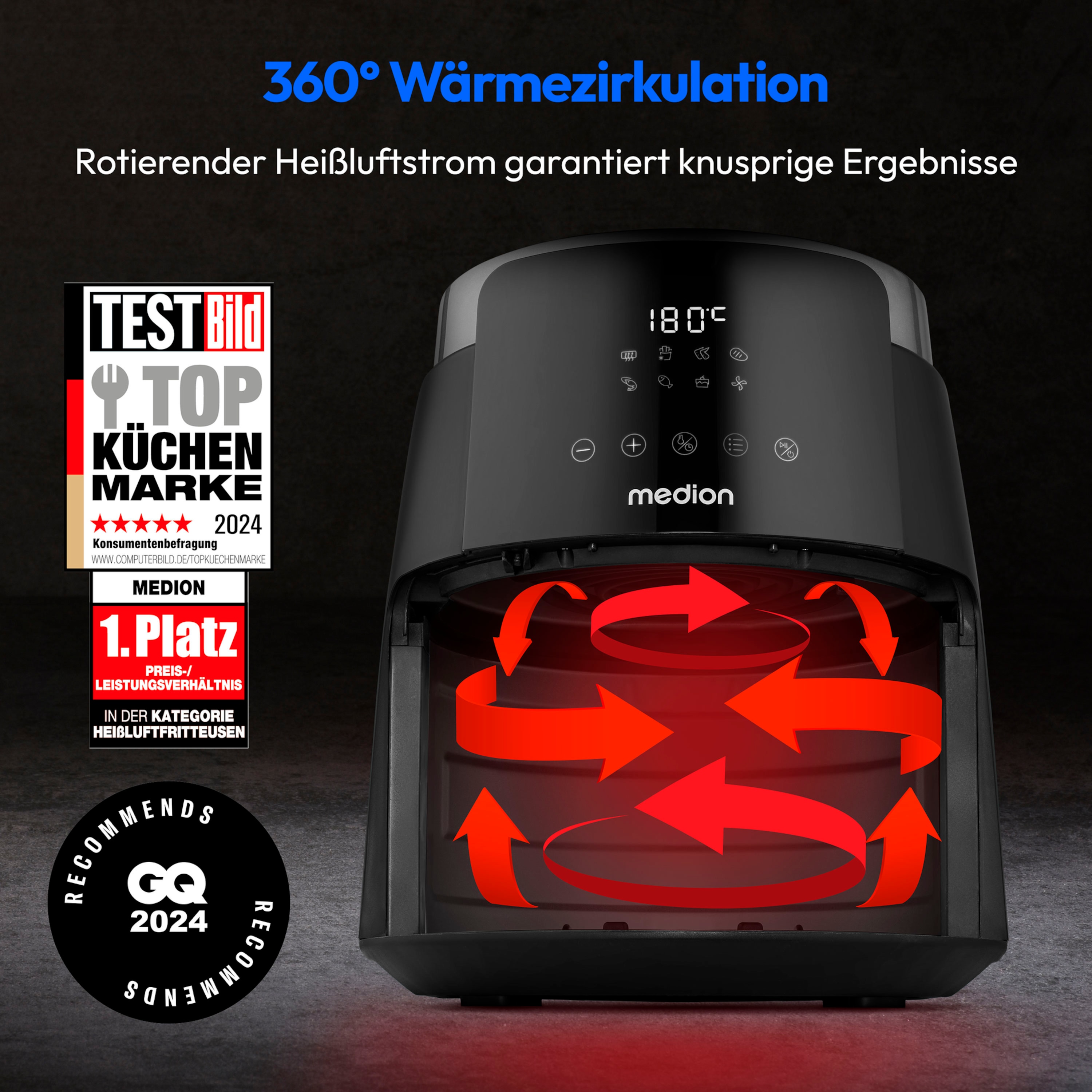 MEDION® LIFE HeißluftFritteuse P40 L (MD13030), 100 Rezepte in der Life+ App¹, Touch-Sensor- Bedienfeld, 4,7 Liter Fassungsvermögen, 8 Automatikprogramme,1.500 Watt, 60 min. Timer, 100