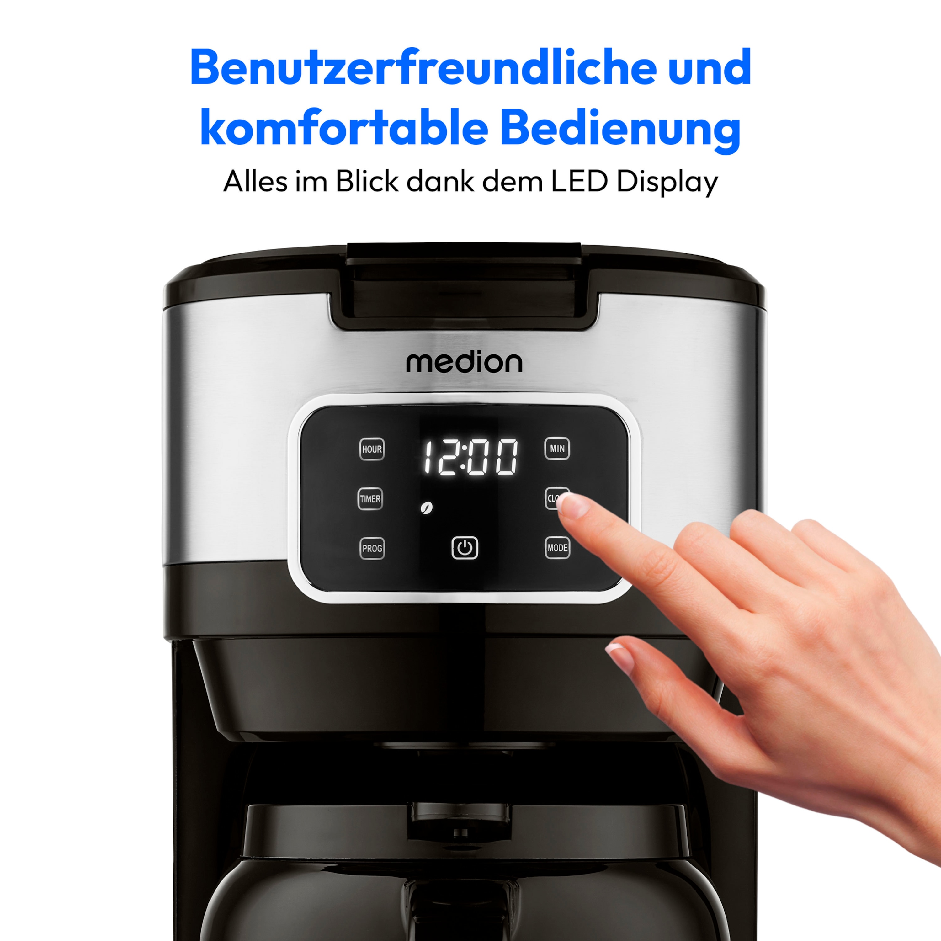 MEDION® LIFE Kaffeemaschine mit Thermoskanne MD11019, 900 Watt Leistung, bis zu 10 Tassen, Timer-Funktion, Touch-Sensir-Bedienfeld