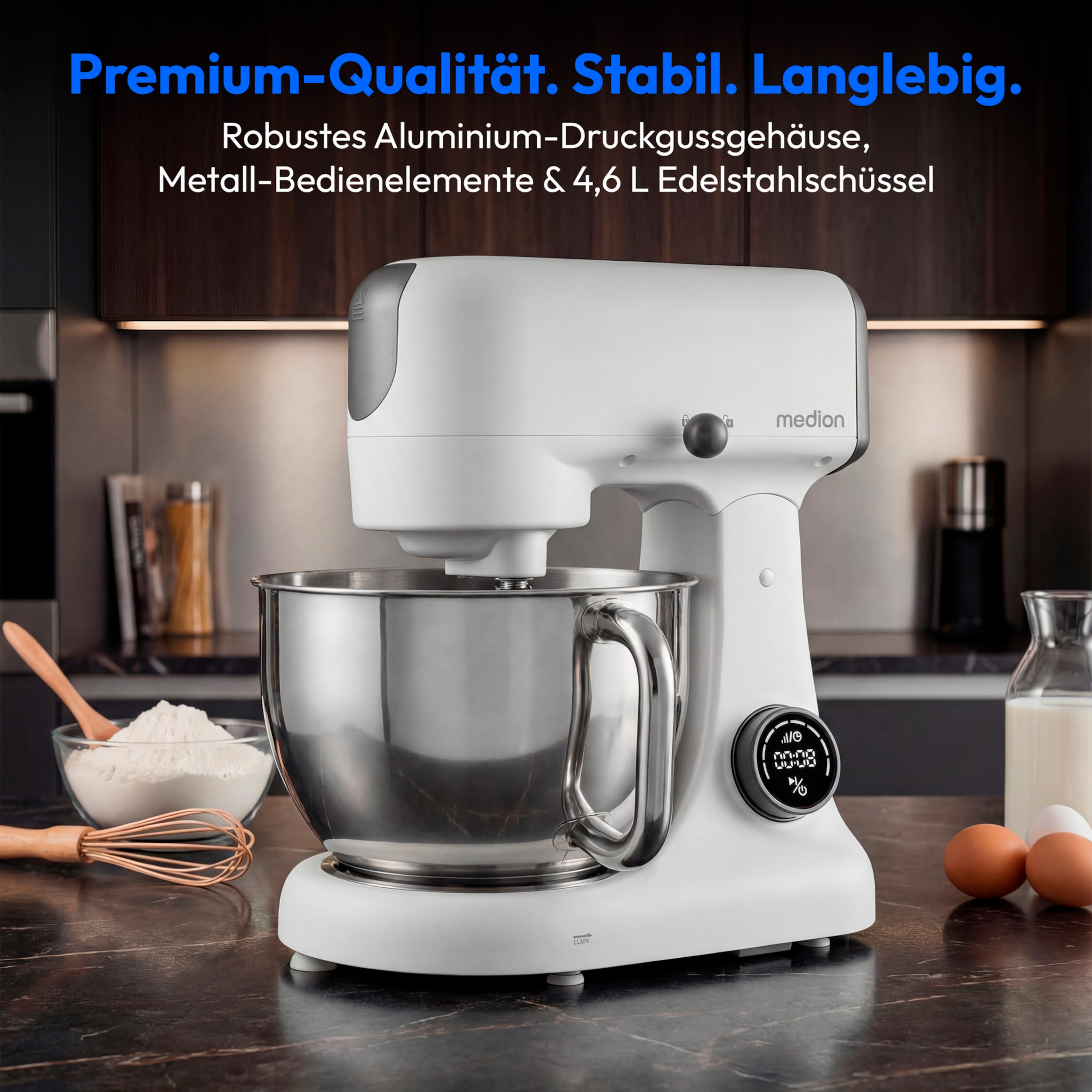 MEDION® LIFE Digitale Küchenmaschine MD12600 weiß, 800 W Gleichstrommotor, Energiesparend, Ultraleise, Digitales Sensor-Touch-Display, 4,6 L Edelstahlschüssel, Inkl. Fleischwolf