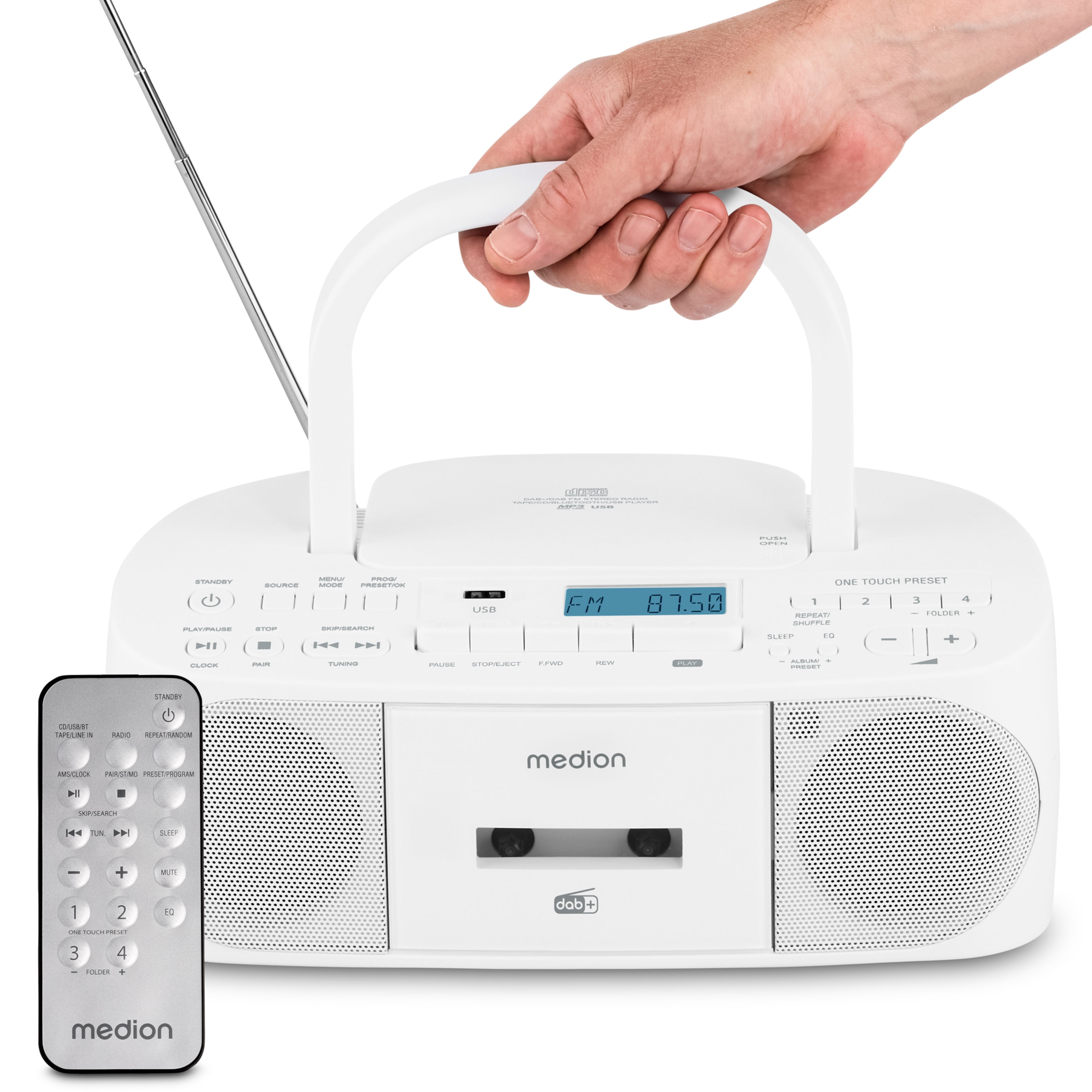 MEDION® LIFE® DRX-1 Plus, DAB+/PLL-UKW-Stereo Radio, Bluetooth® 5.4, CD-Kassetten-Radio mit MP3-Wiedergabe, USB Anschluss, CD-R/RW kompatibel, AUX-In, 2 x 3 W RMS