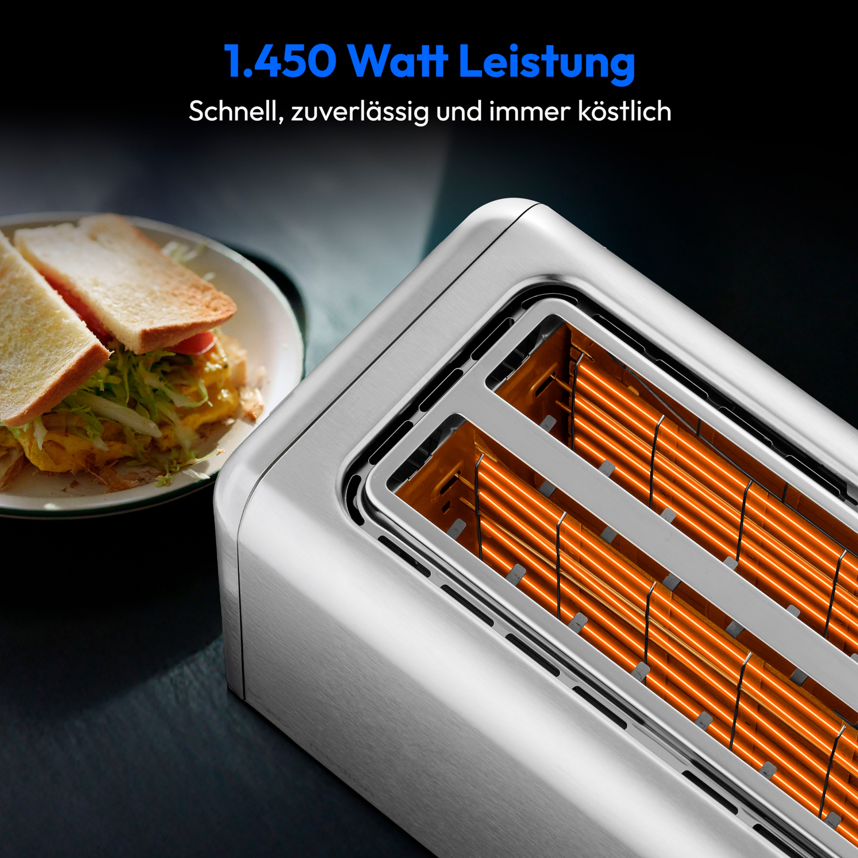 MEDION® MEDION LIFE Toaster MD12103, 2 lange Toastschlitze für bis zu 4 Toasts, LED Sensor-Touch-Display, 7 Bräunungsstufen und 5 Automatikprogramme