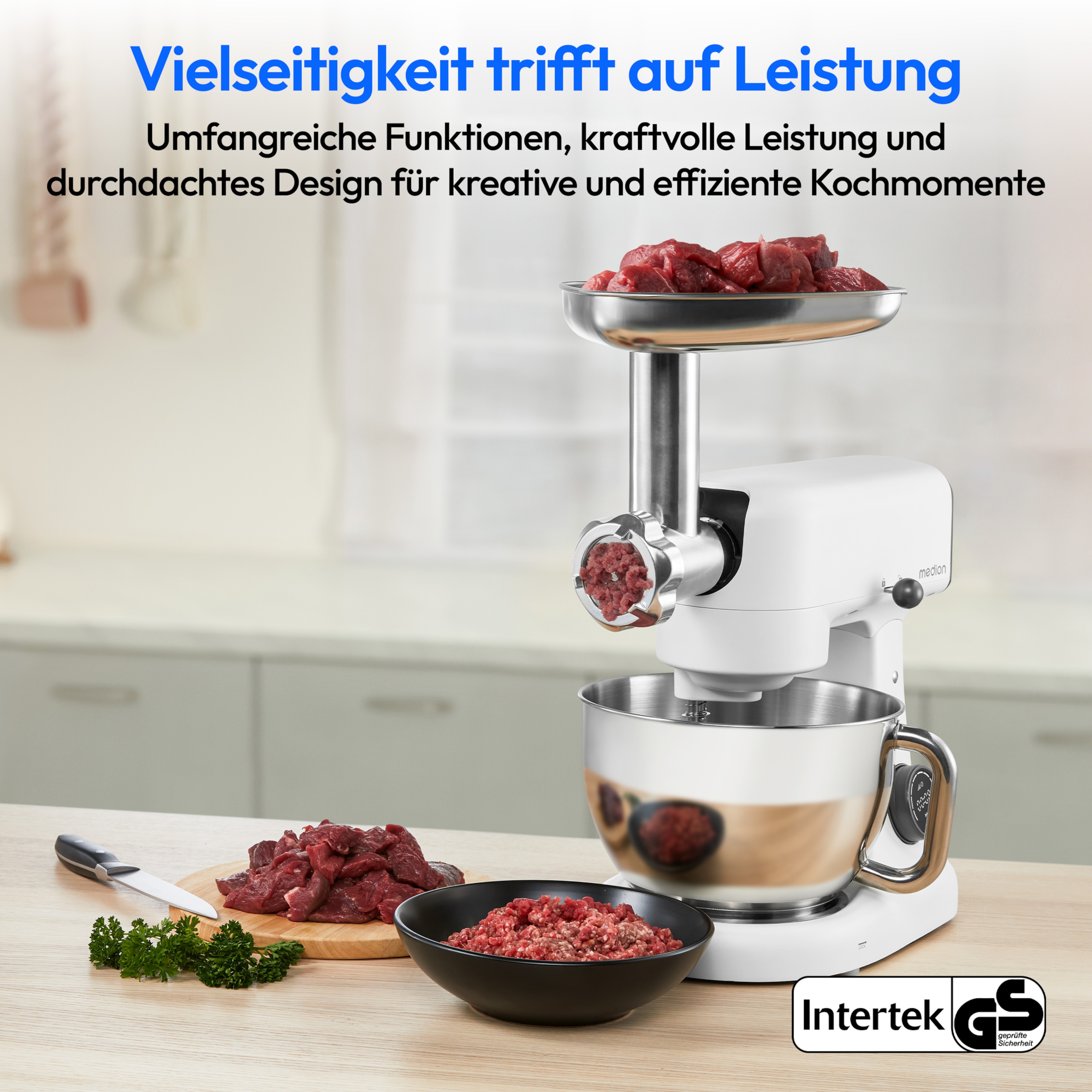 MEDION® LIFE Digitale Küchenmaschine MD12600, 800 W Gleichstrommotor, Energiesparend, Ultraleise, Digitales Sensor-Touch-Display, 4,6 L Edelstahlschüssel, Inkl. Fleischwolf